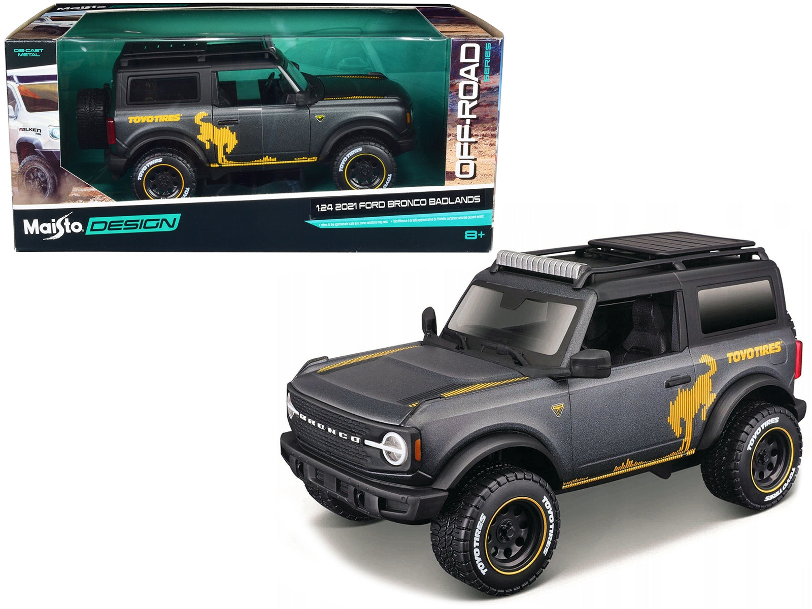 2021 Ford Bronco Badlands Dark Gray Metallic with Gold Graphics and Roof Rack "Off-Road" "Maisto Design" Series 1/24 Diecast Model Car by Maisto Maisto