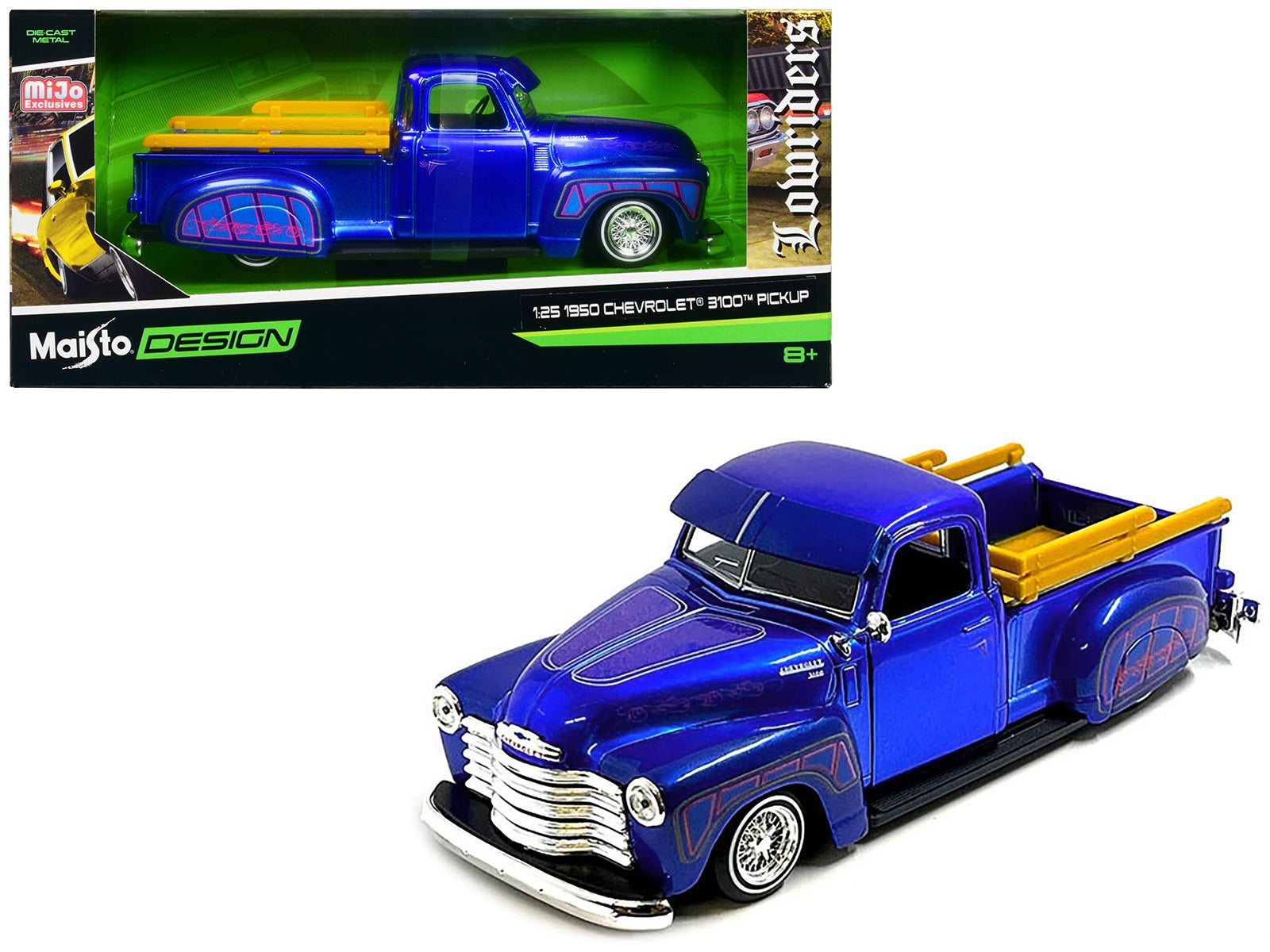 1950 Chevrolet 3100 Pickup Truck Lowrider Candy Blue with Graphics "Lowriders" Series 1/25 Diecast Model Car by Maisto Maisto