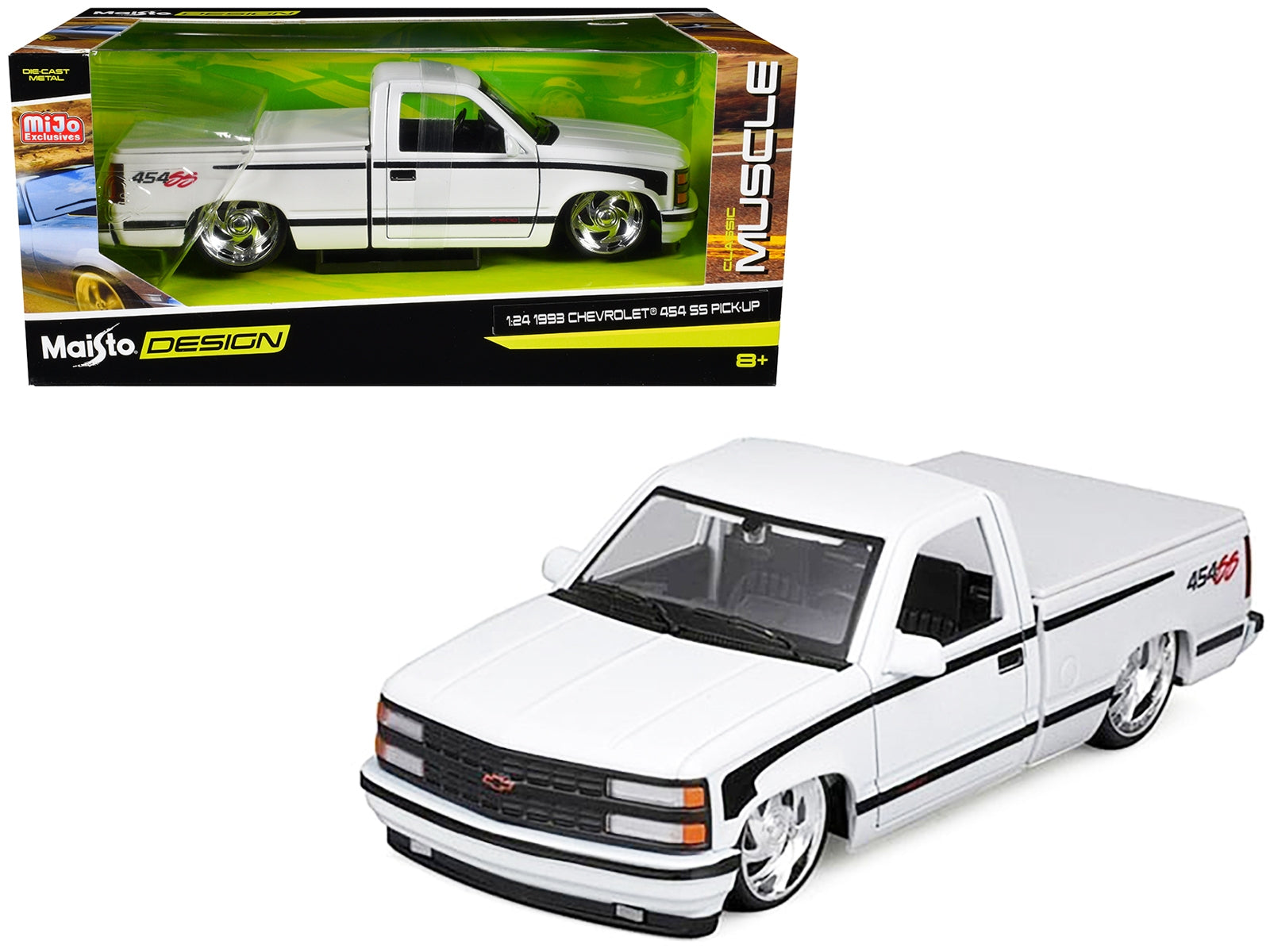 1993 Chevrolet 454 SS Pickup Truck White with Black Stripes "Lowriders" "Maisto Design" Series 1/24 Diecast Model Car by Maisto Maisto