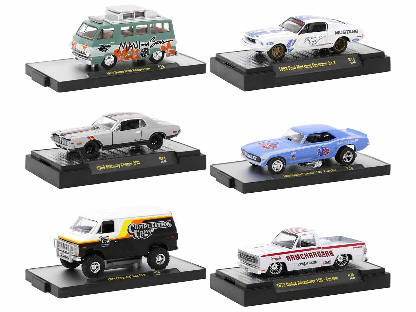 "Auto Meets" Set of 6 Cars IN DISPLAY CASES Release 74 Limited Edition 1/64 Diecast Model Cars by M2 Machines M2