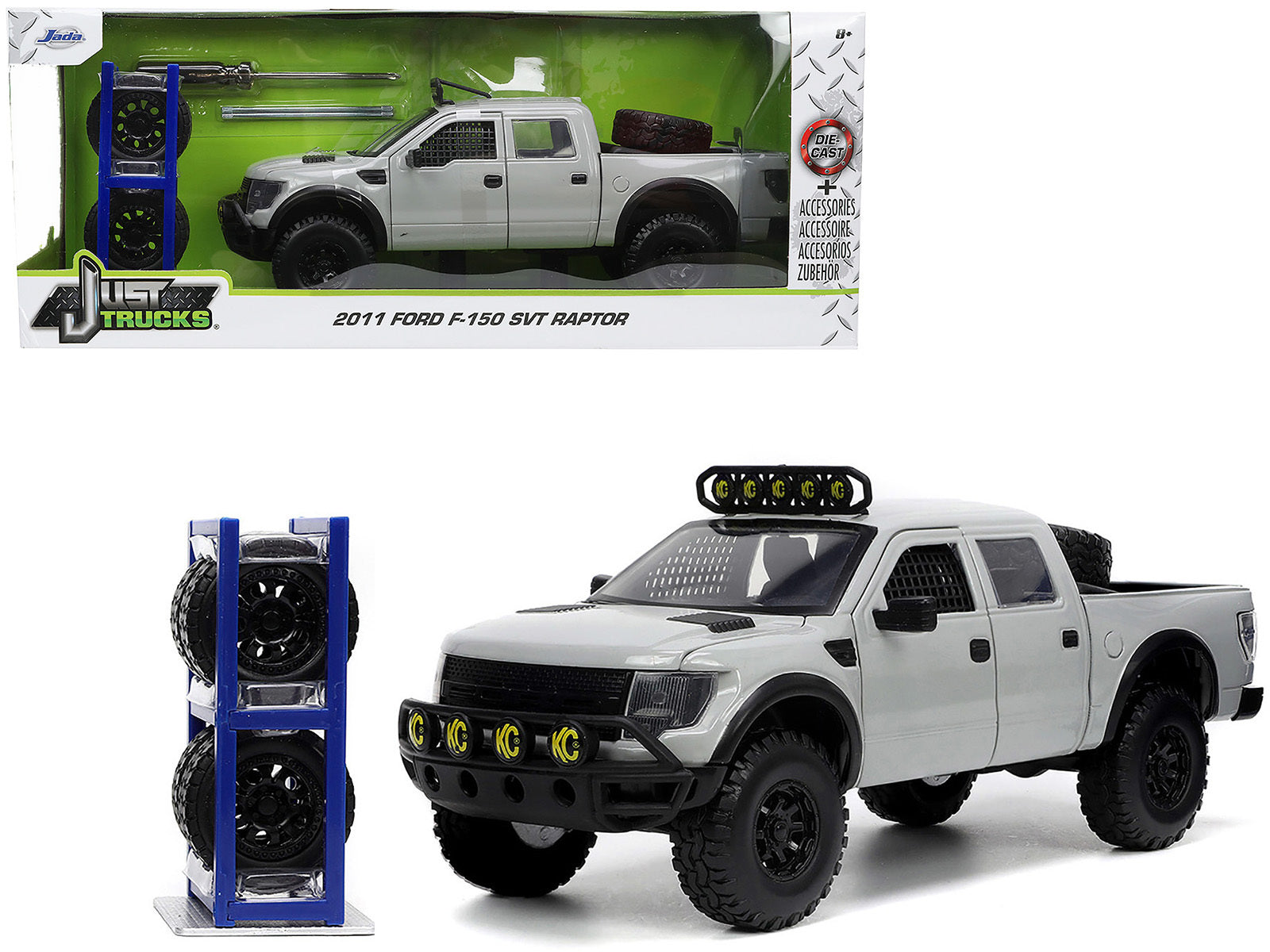 2011 Ford F-150 SVT Raptor Pickup Truck Light Gray with Extra Wheels "Just Trucks" Series 1/24 Diecast Model Car by Jada Jada