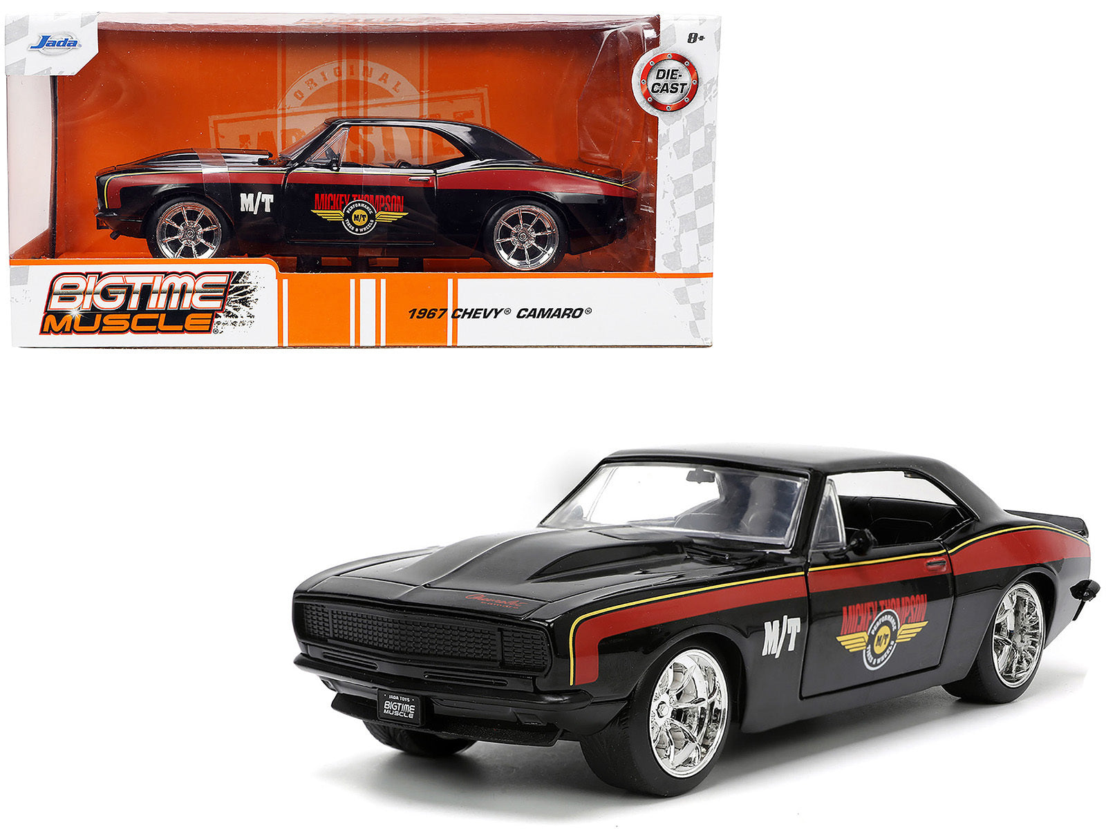 1967 Chevrolet Camaro "Mickey Thompson" Black with Red and Yellow Stripes "Bigtime Muscle" Series 1/24 Diecast Model Car by Jada Jada