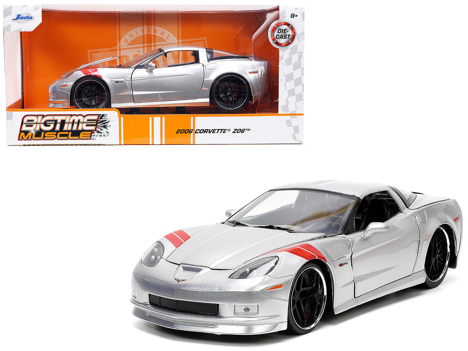 2006 Chevrolet Corvette Z06 Silver Metallic with Red Stripes "Bigtime Muscle" Series 1/24 Diecast Model Car by Jada Jada