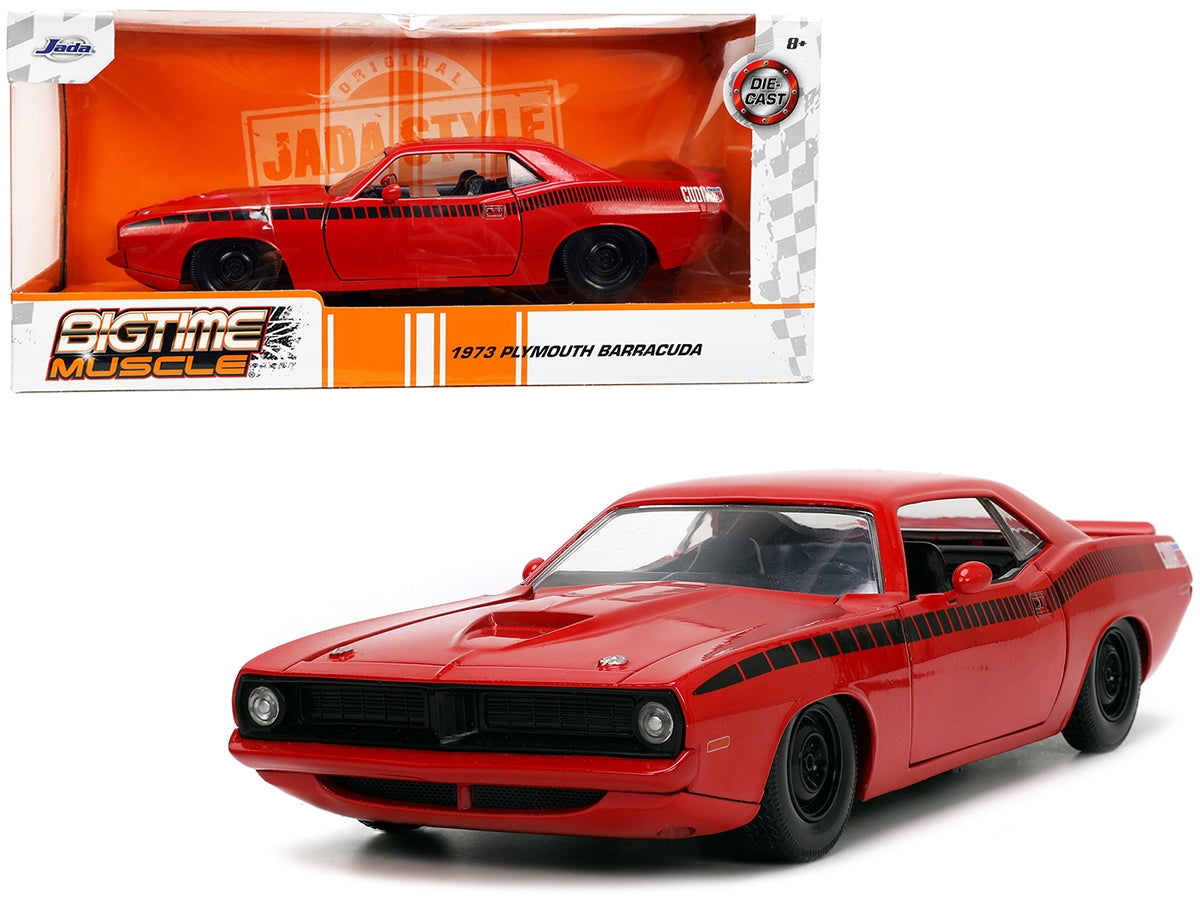 1973 Plymouth Barracuda Red with Black Stripes "Bigtime Muscle" Series 1/24 Diecast Model Car by Jada Jada