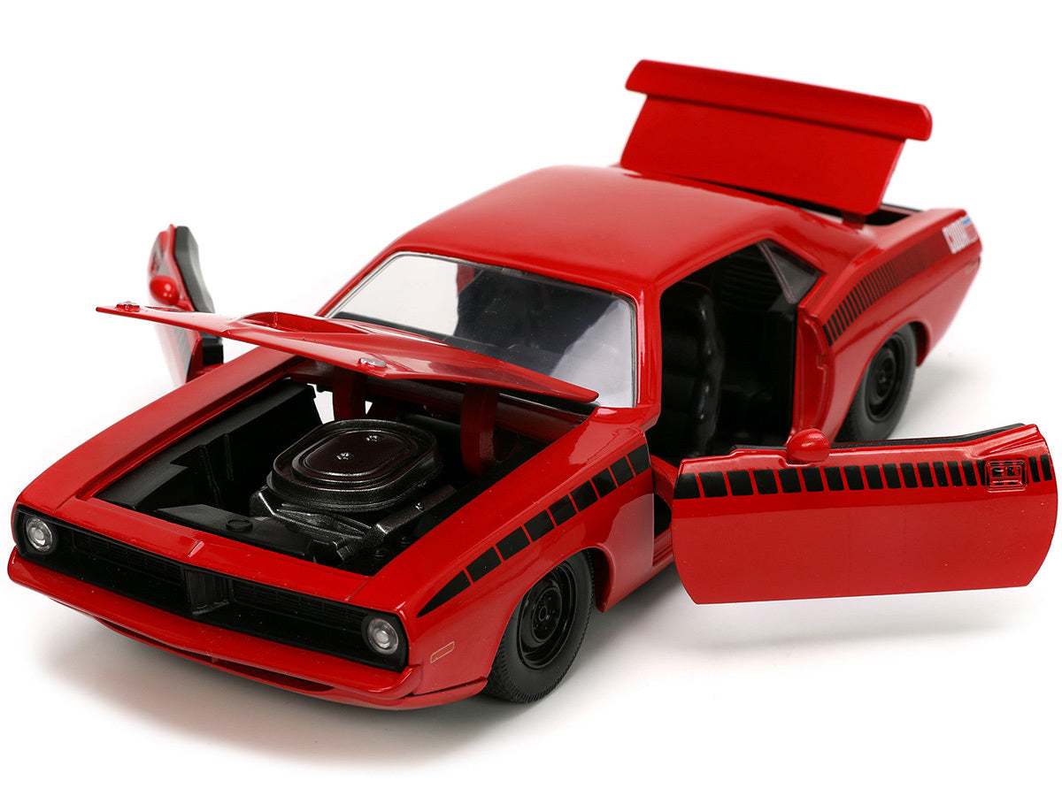 1973 Plymouth Barracuda Red with Black Stripes "Bigtime Muscle" Series 1/24 Diecast Model Car by Jada Jada