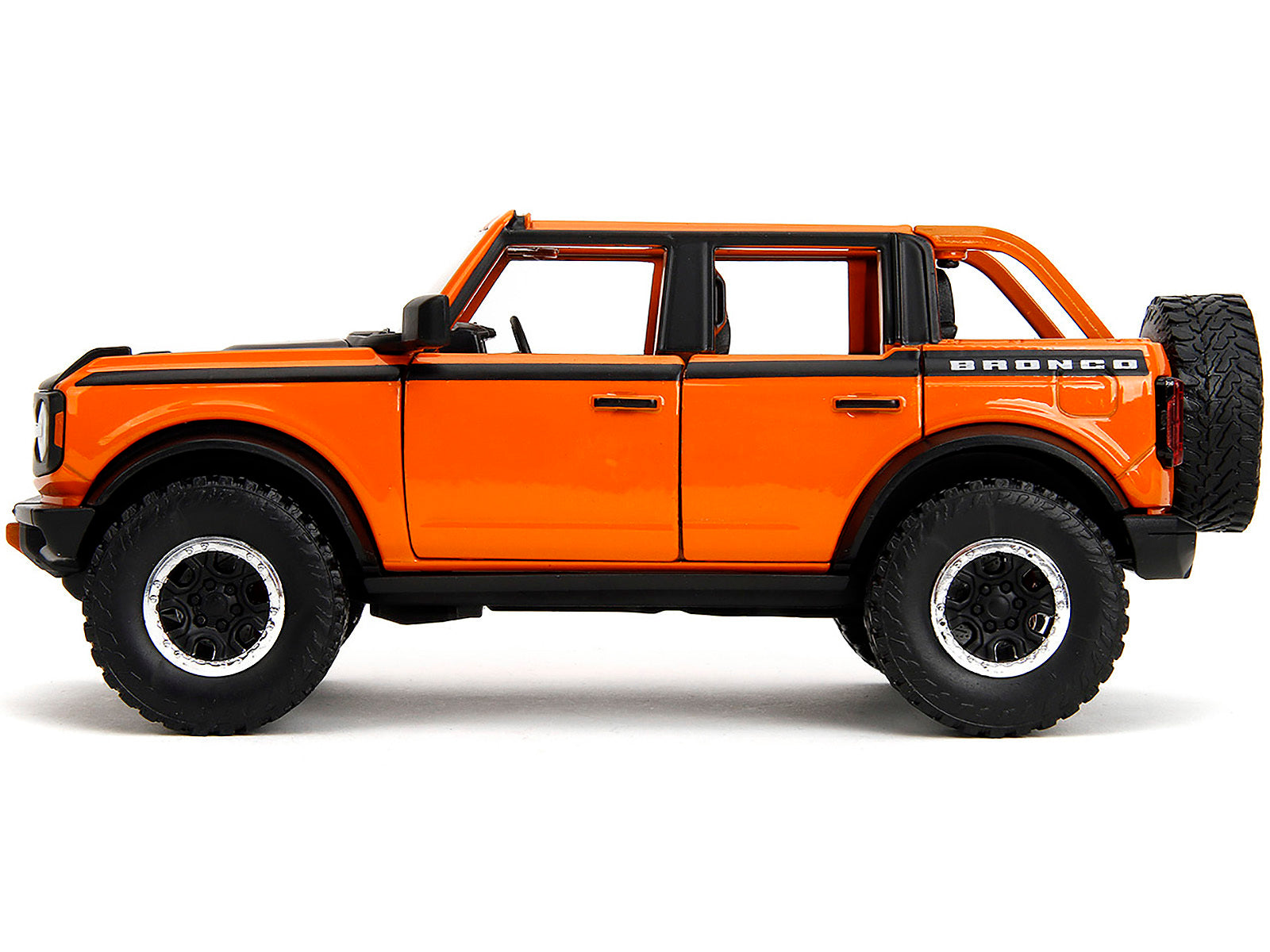 2021 Ford Bronco Open-Top Orange with Black Stripes and Hood with Extra Wheels "Just Trucks" Series 1/24 Diecast Model Car by Jada Jada