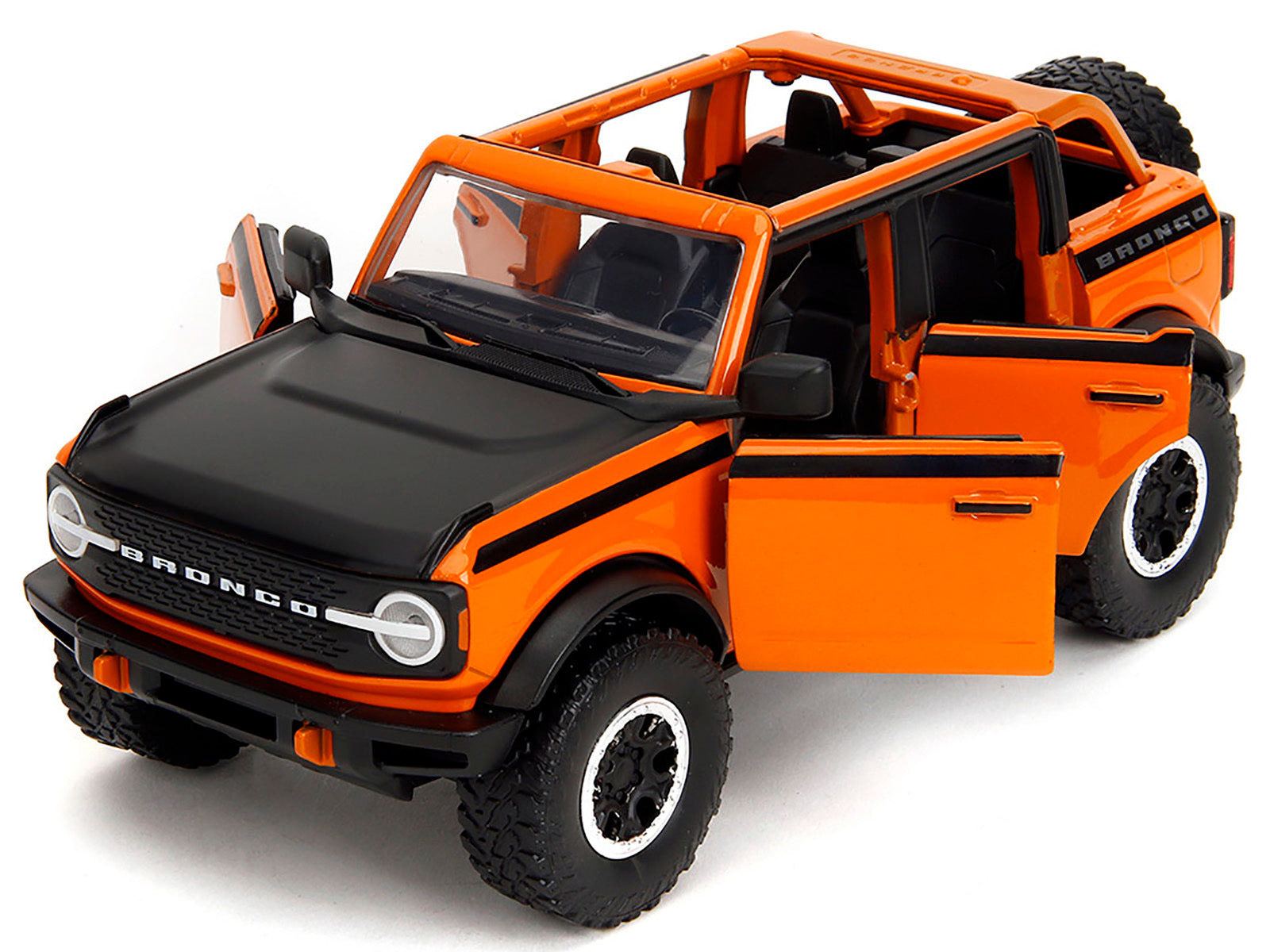 2021 Ford Bronco Open-Top Orange with Black Stripes and Hood with Extra Wheels "Just Trucks" Series 1/24 Diecast Model Car by Jada Jada