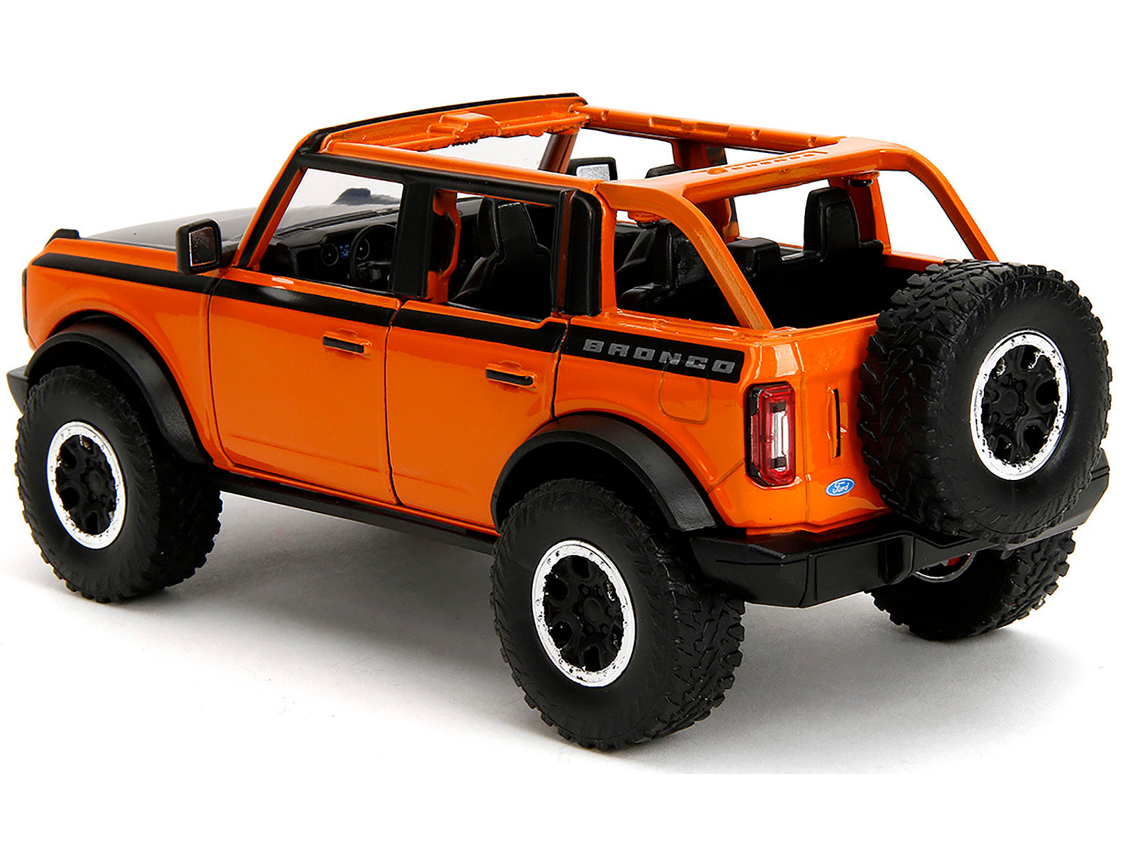 2021 Ford Bronco Open-Top Orange with Black Stripes and Hood with Extra Wheels "Just Trucks" Series 1/24 Diecast Model Car by Jada Jada