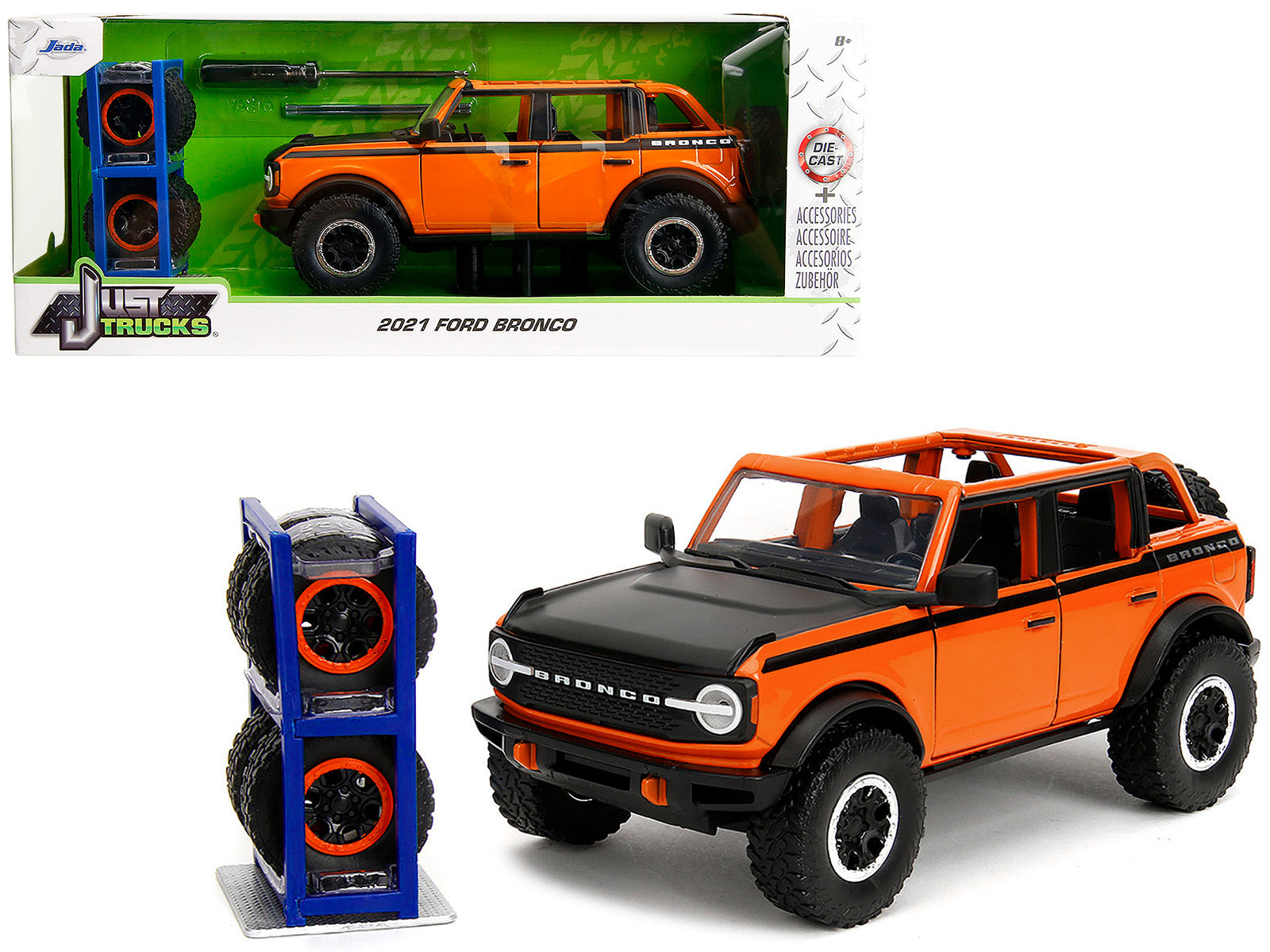 2021 Ford Bronco Open-Top Orange with Black Stripes and Hood with Extra Wheels "Just Trucks" Series 1/24 Diecast Model Car by Jada Jada