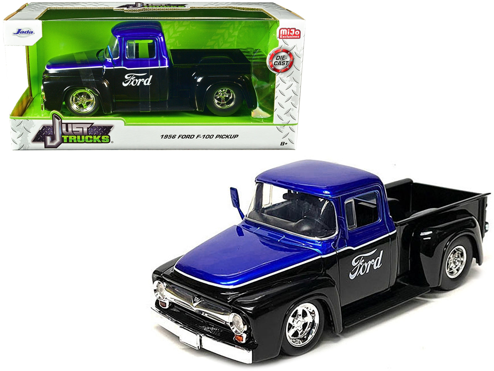 1956 Ford F-100 Pickup Truck Black and Blue Metallic with Ford Graphics "Just Trucks" Series 1/24 Diecast Model Car by Jada Jada