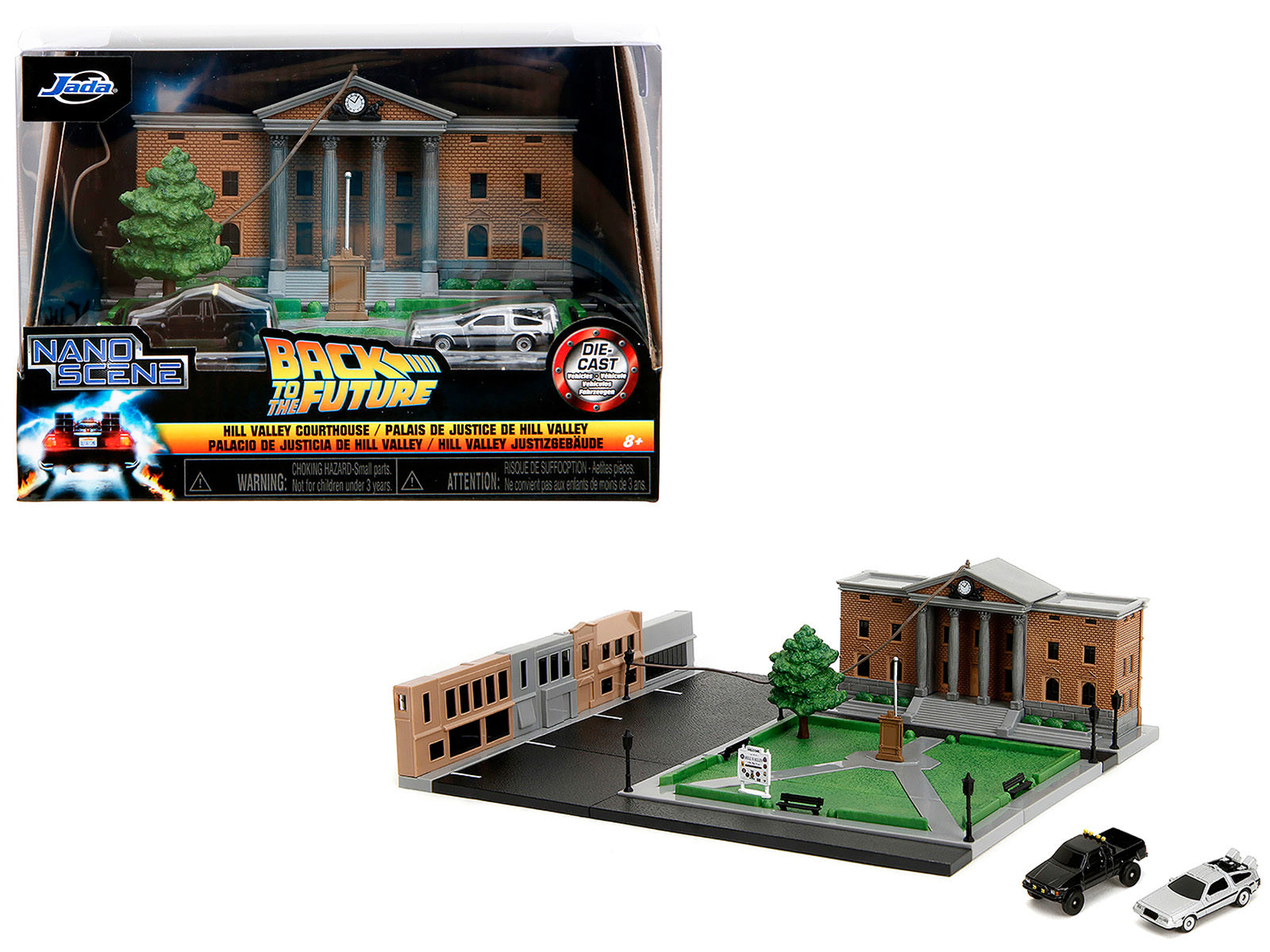 Hill Valley Courthouse Diorama with Black Pickup Truck and Delorean "Back to the Future" (1985) Movie "Nano Scene" Series Model by Jada Jada