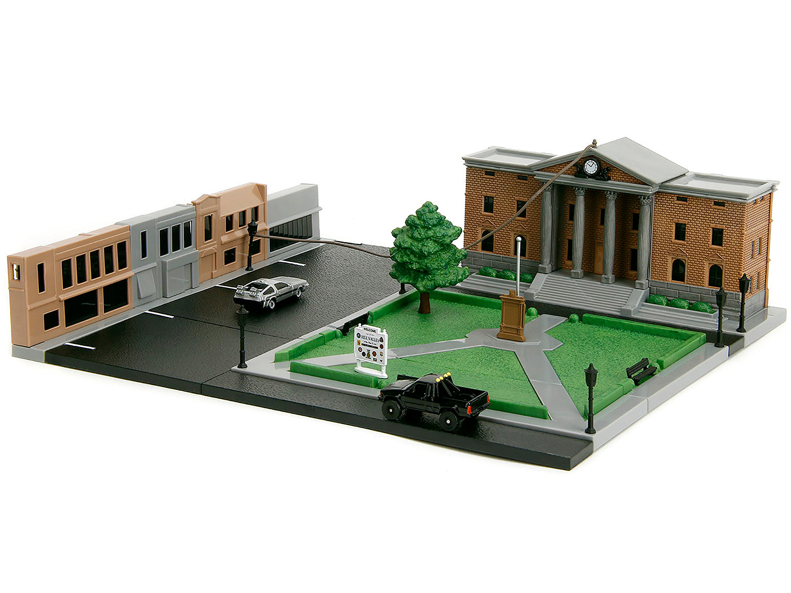 Hill Valley Courthouse Diorama with Black Pickup Truck and Delorean "Back to the Future" (1985) Movie "Nano Scene" Series Model by Jada Jada