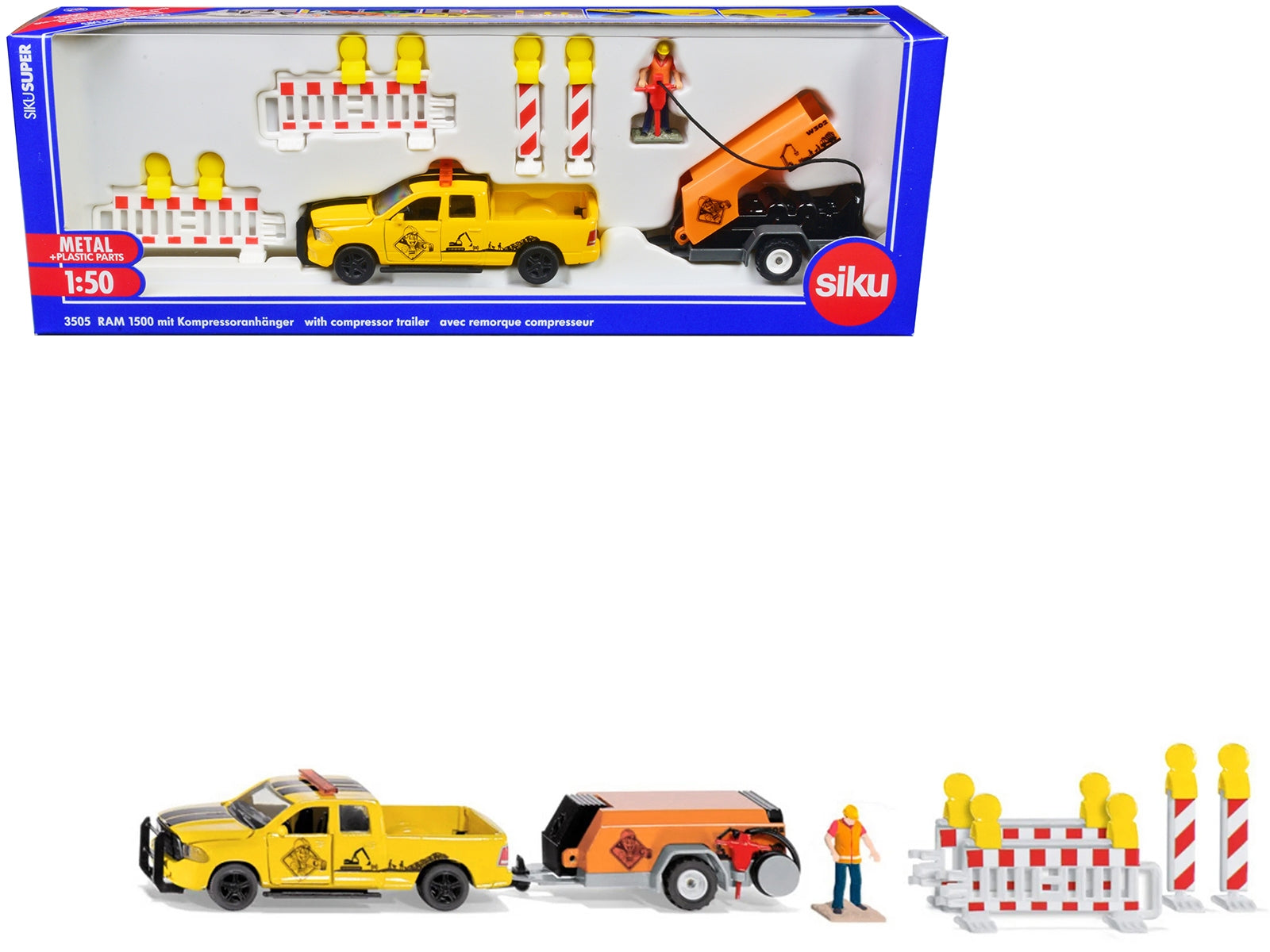 Ram 1500 Pickup Truck Yellow with Compressor Trailer and Worker Figure with Accessories Set 1/50 Diecast Models by Siku SIKU