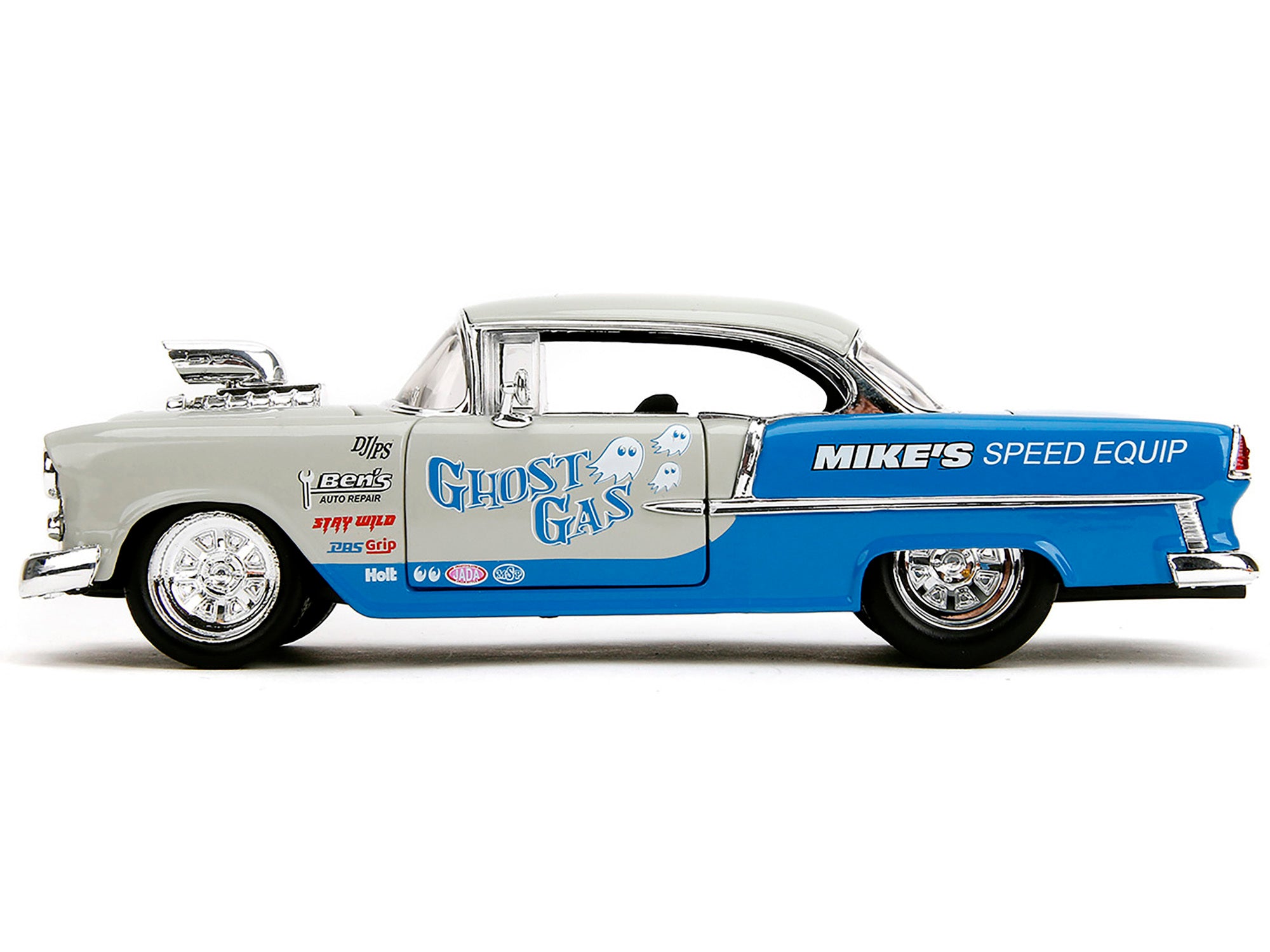 1955 Chevrolet Bel Air "Ghost Gas - Mike's Speed Equip" Light Gray and Blue "Bigtime Muscle" Series 1/24 Diecast Model Car by Jada Jada