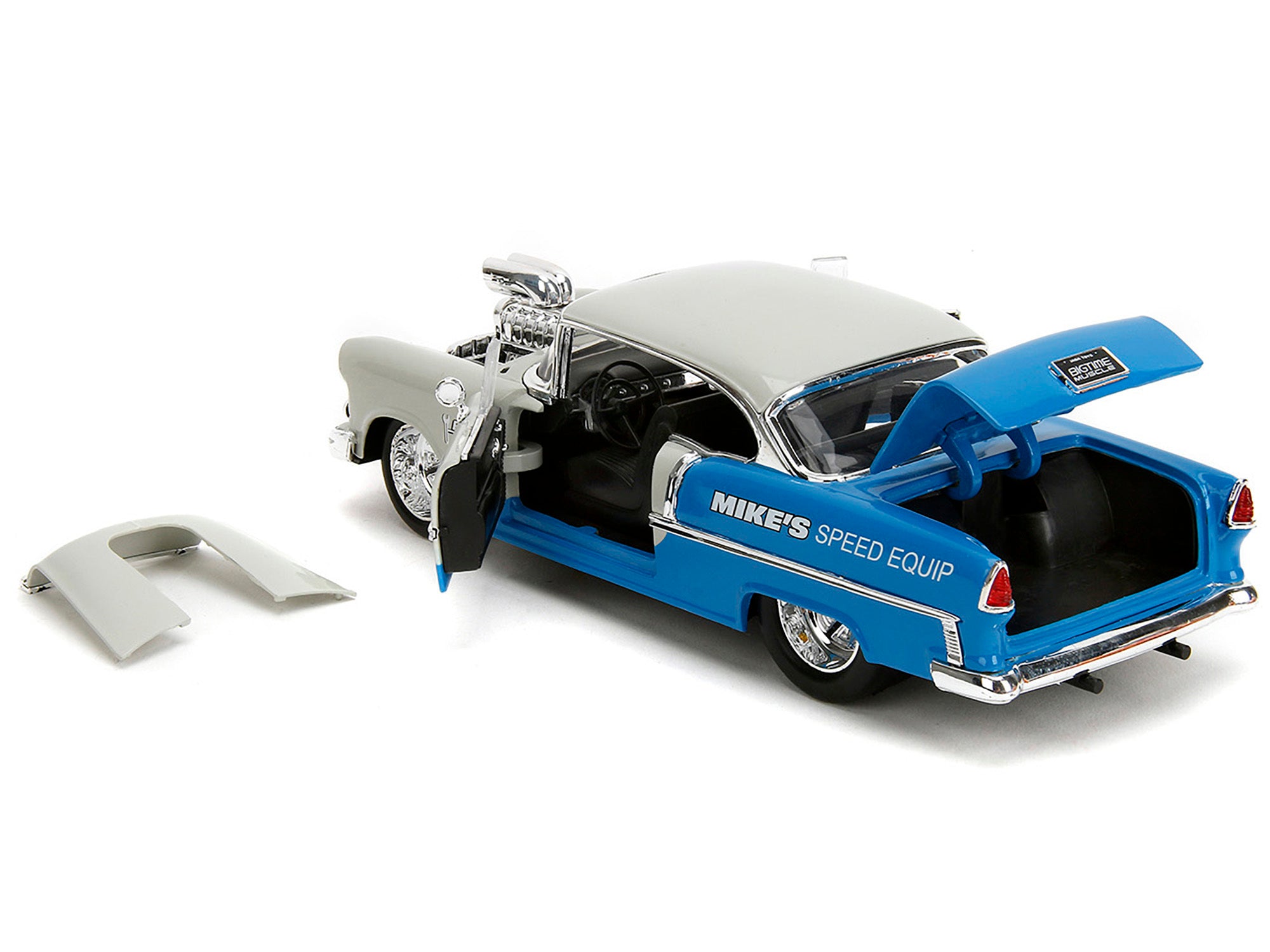 1955 Chevrolet Bel Air "Ghost Gas - Mike's Speed Equip" Light Gray and Blue "Bigtime Muscle" Series 1/24 Diecast Model Car by Jada Jada