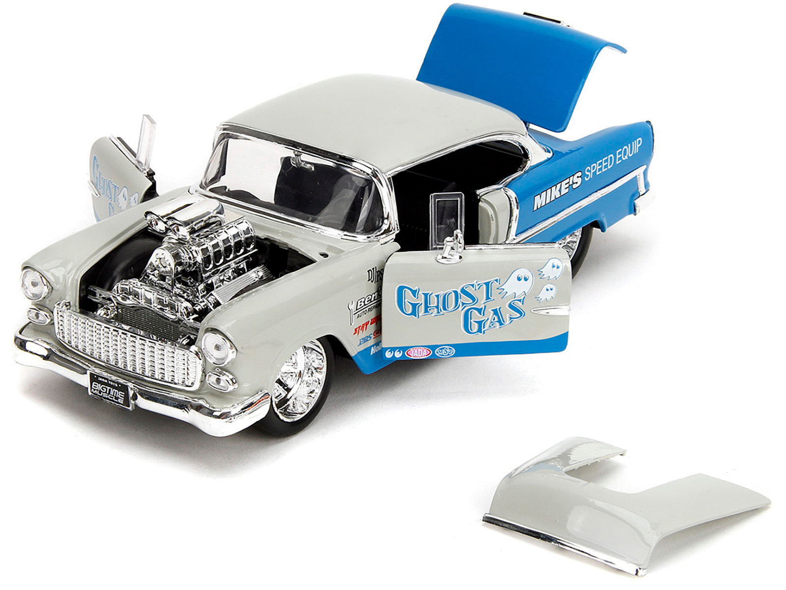 1955 Chevrolet Bel Air "Ghost Gas - Mike's Speed Equip" Light Gray and Blue "Bigtime Muscle" Series 1/24 Diecast Model Car by Jada Jada