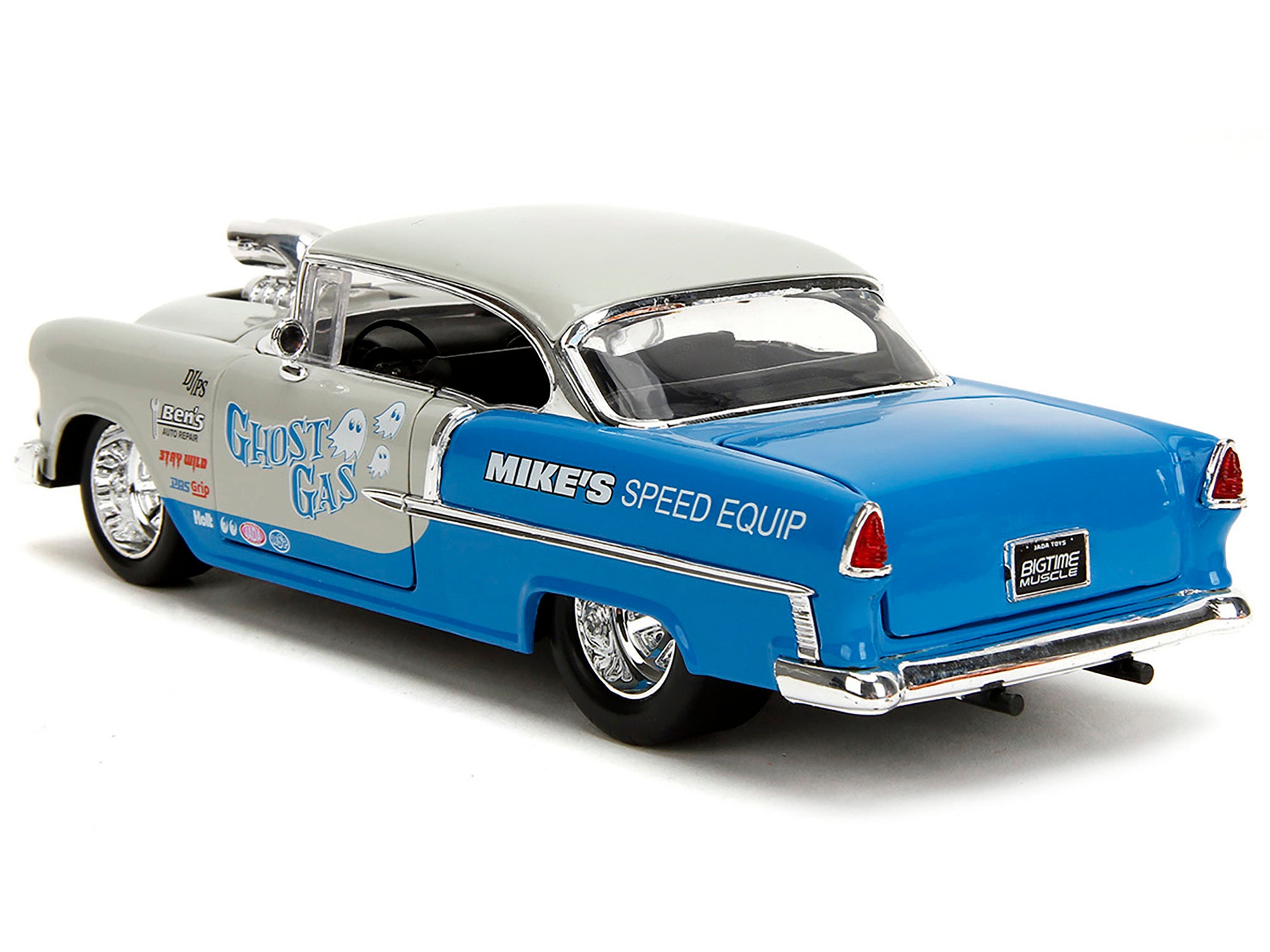 1955 Chevrolet Bel Air "Ghost Gas - Mike's Speed Equip" Light Gray and Blue "Bigtime Muscle" Series 1/24 Diecast Model Car by Jada Jada