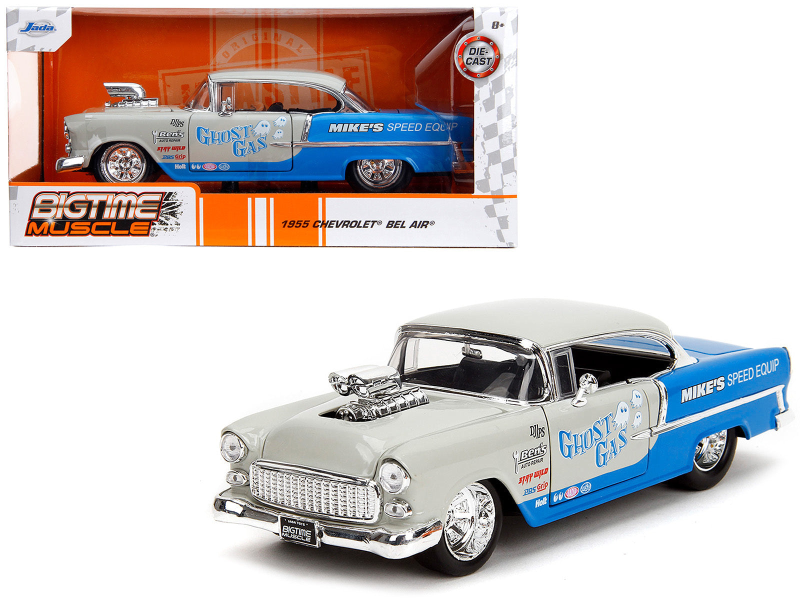 1955 Chevrolet Bel Air "Ghost Gas - Mike's Speed Equip" Light Gray and Blue "Bigtime Muscle" Series 1/24 Diecast Model Car by Jada Jada