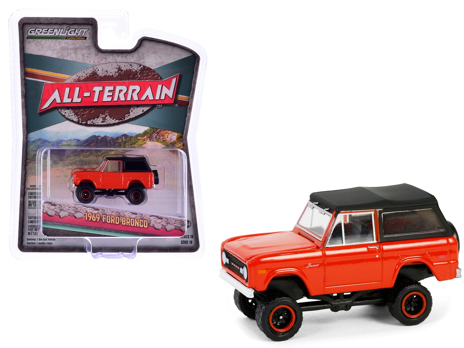 1969 Ford Bronco Poppy Red with Black Soft Top "All Terrain" Series 16 1/64 Diecast Model Car by Greenlight Greenlight