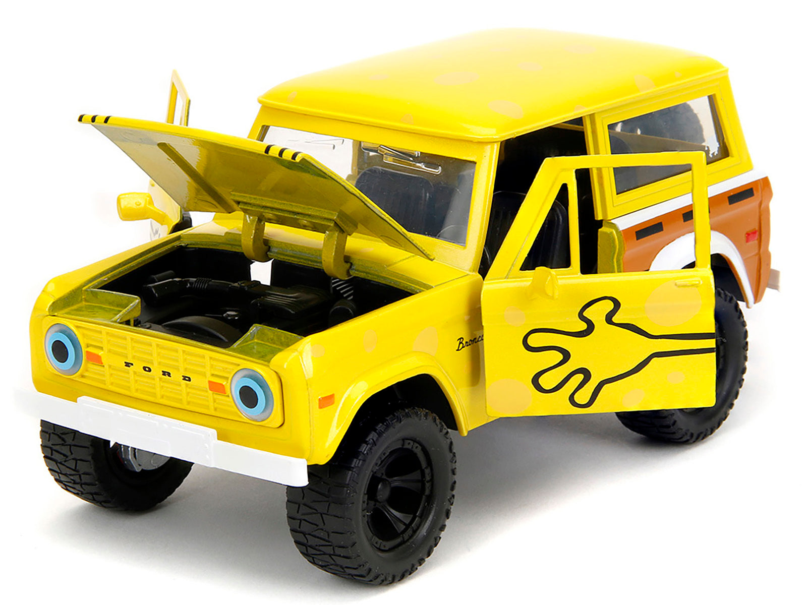 1973 Ford Bronco Yellow with Graphics and SpongeBob SquarePants Diecast Figure "SpongeBob SquarePants" (1999-Current) TV Series "Hollywood Rides" Series 1/24 Diecast Model Car by Jada Jada