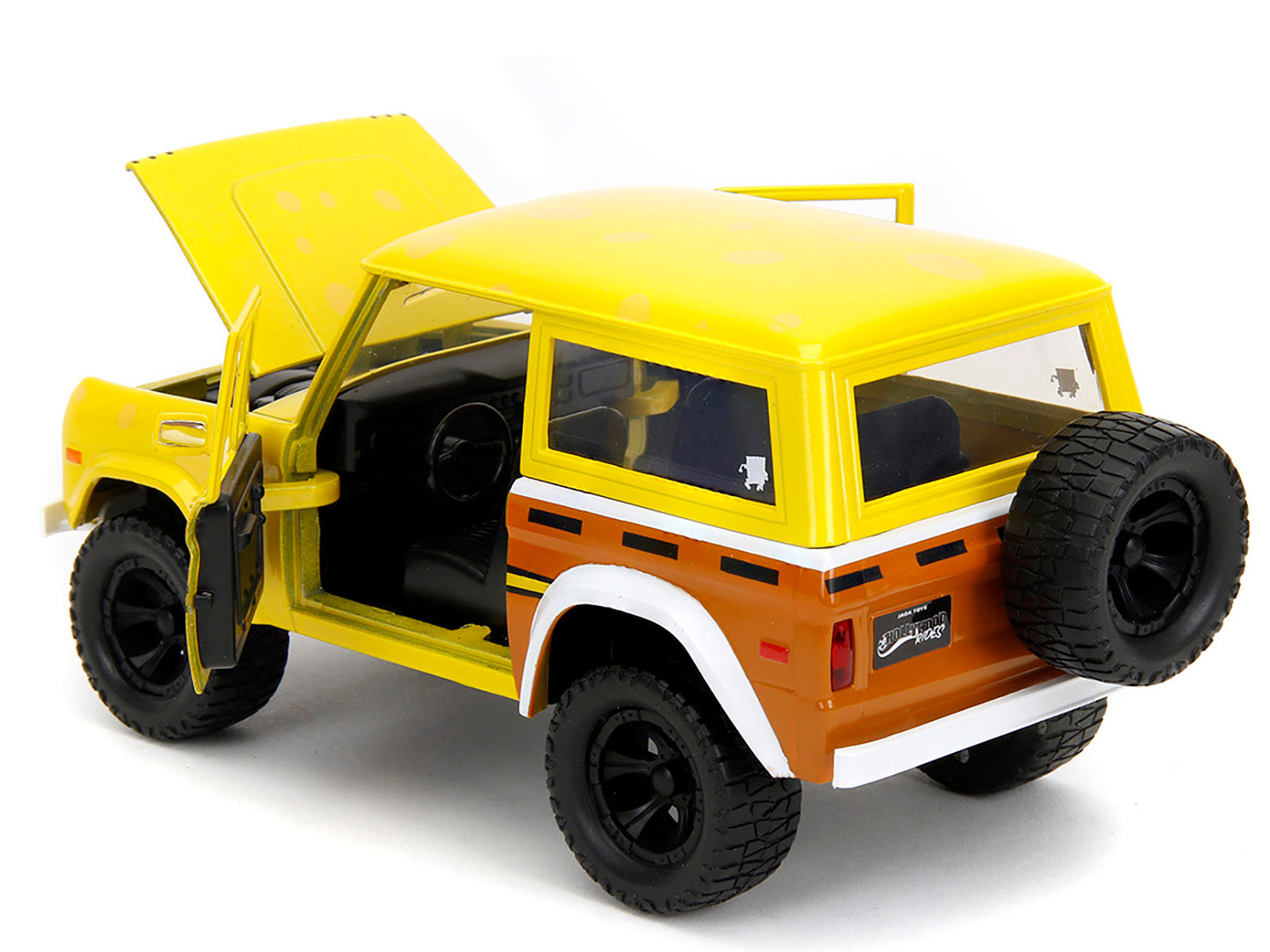 1973 Ford Bronco Yellow with Graphics and SpongeBob SquarePants Diecast Figure "SpongeBob SquarePants" (1999-Current) TV Series "Hollywood Rides" Series 1/24 Diecast Model Car by Jada Jada