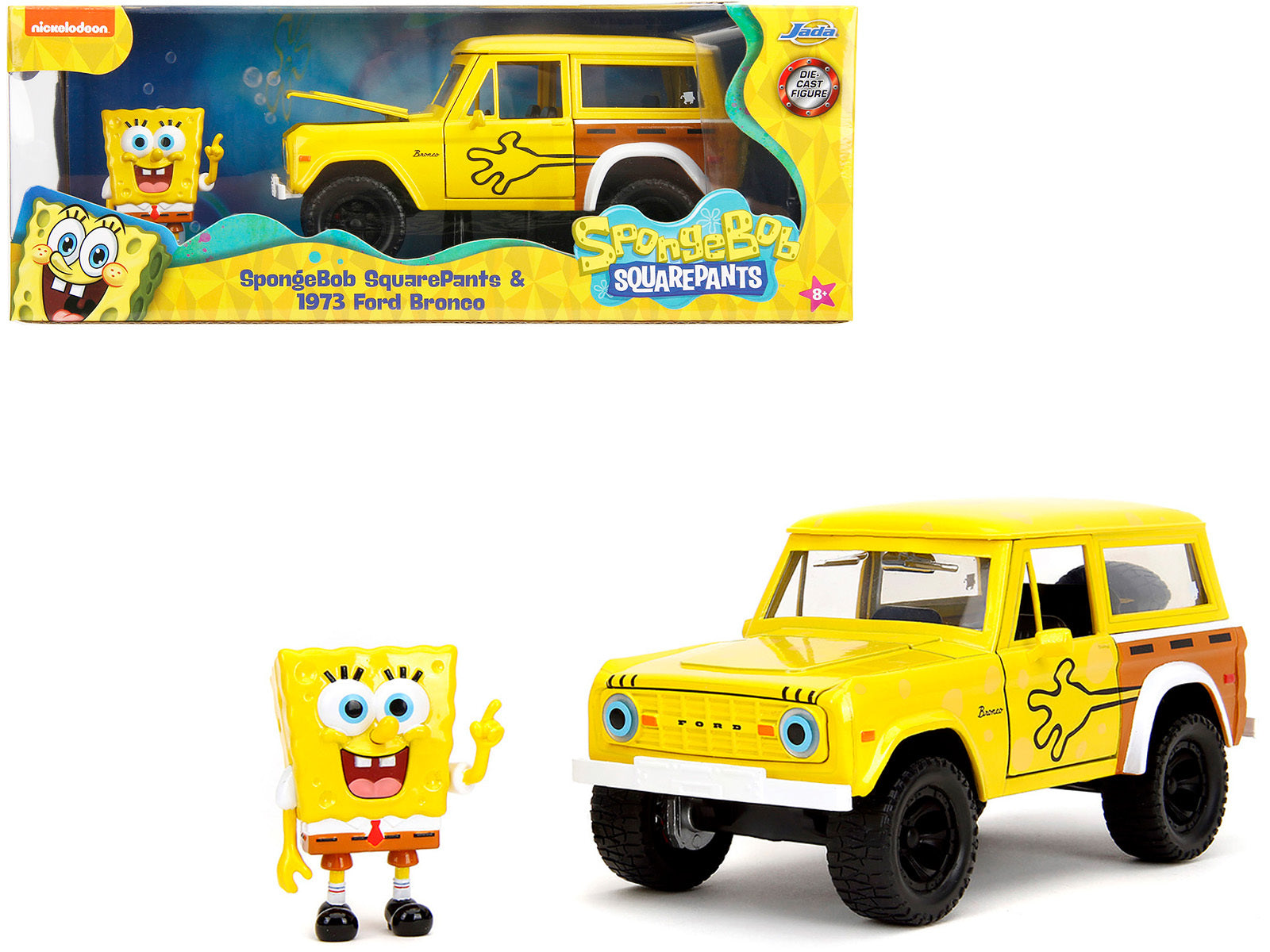 1973 Ford Bronco Yellow with Graphics and SpongeBob SquarePants Diecast Figure "SpongeBob SquarePants" (1999-Current) TV Series "Hollywood Rides" Series 1/24 Diecast Model Car by Jada Jada