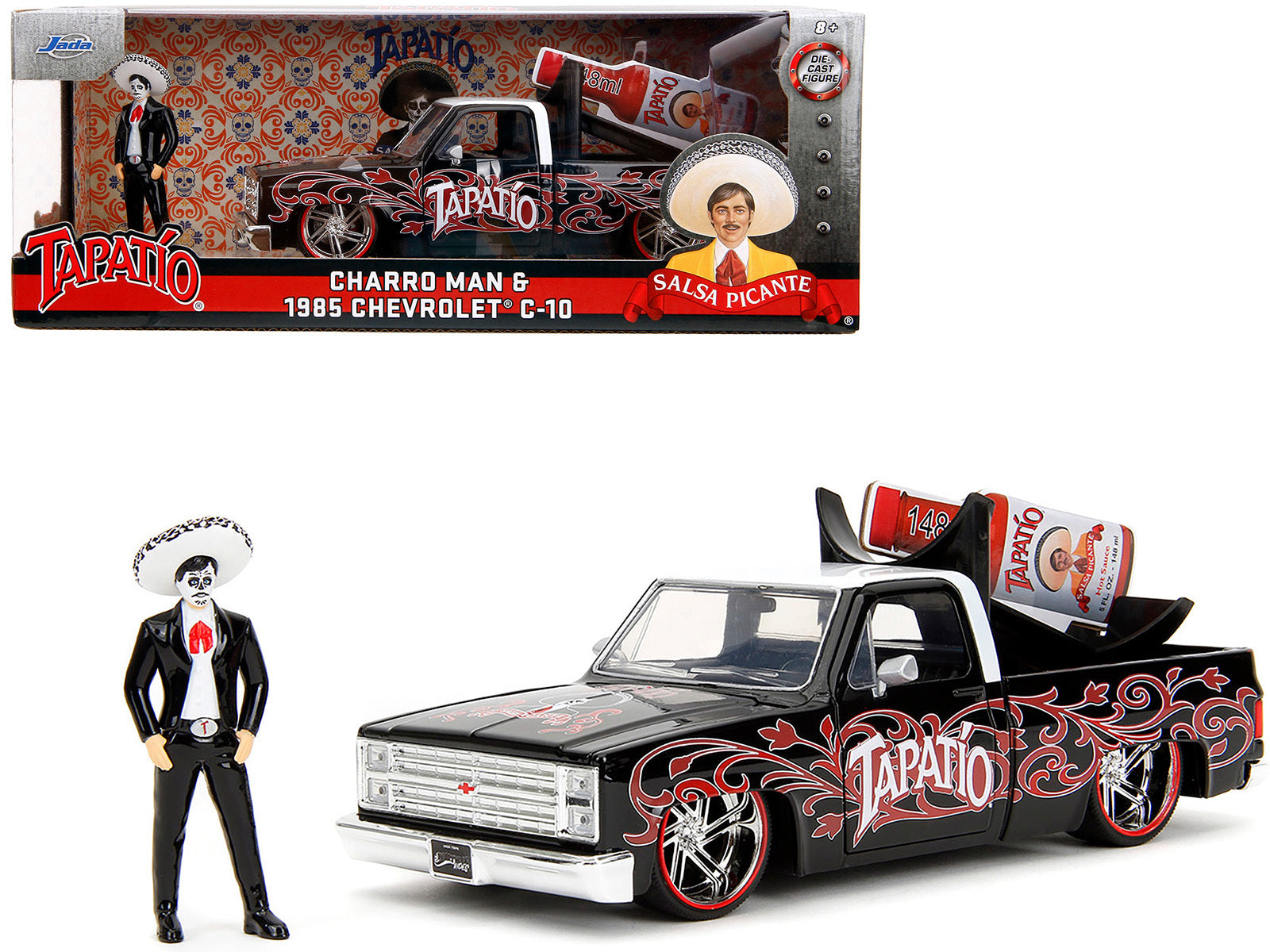 1985 Chevrolet C-10 Pickup Truck Black with White Top and Graphics with Charro Man Diecast Figure "Tapatio" 1/24 Diecast Model Car by Jada Jada