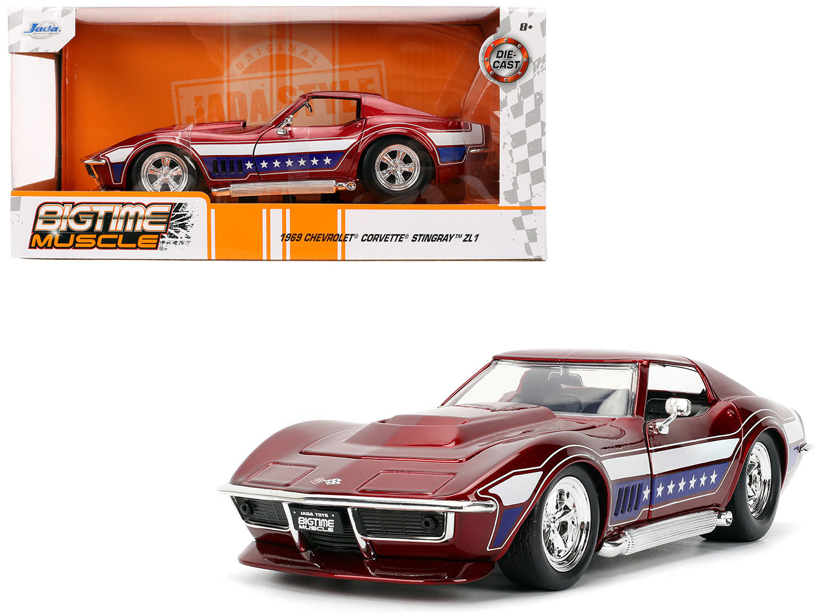 1969 Chevrolet Corvette Stingray ZL1 Red Metallic with Stars and Stripes Graphics "Bigtime Muscle" Series 1/24 Diecast Model Car by Jada Jada