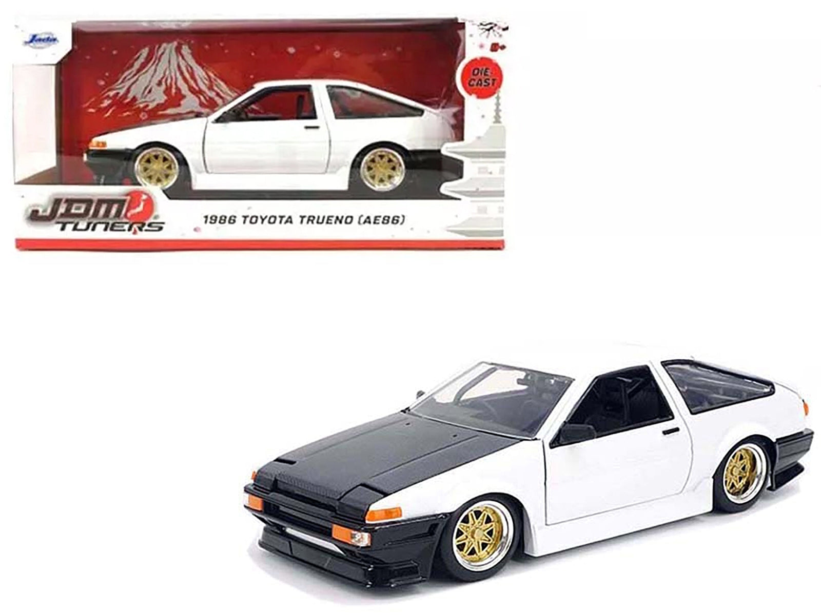 1986 Toyota Trueno (AE86) RHD (Right Hand Drive) White with Black Hood "JDM Tuners" Series 1/24 Diecast Model Car by Jada Jada