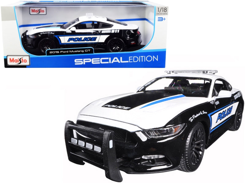 2015 Ford Mustang GT 5.0 Police Car Black and White with Blue Stripes 1/18 Diecast Model Car by Maisto Maisto