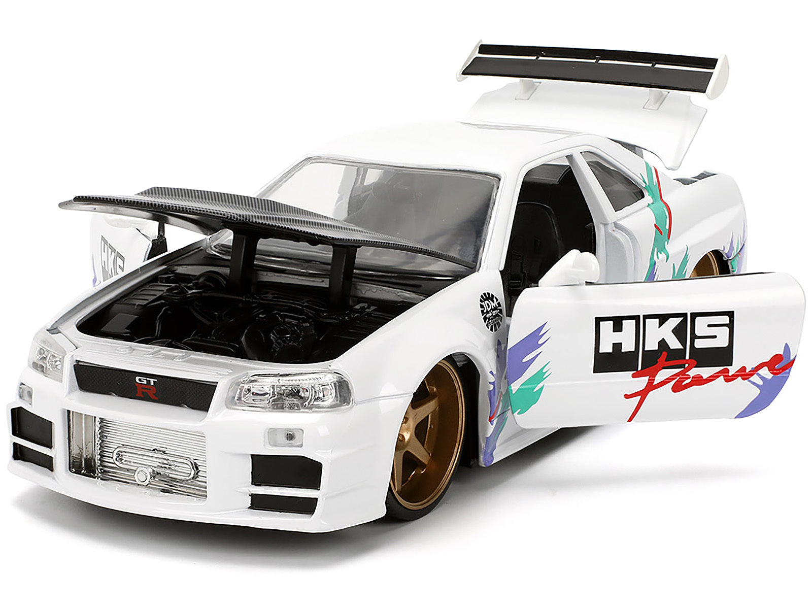 2002 Nissan Skyline GT-R (R34) RHD (Right Hand Drive) "HKS Power" White with Carbon Hood and Graphics "JDM Tuners" Series 1/24 Diecast Model Car by Jada Jada