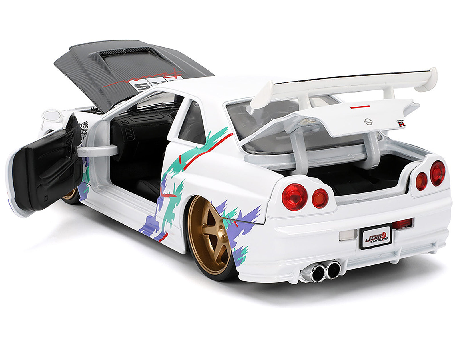 2002 Nissan Skyline GT-R (R34) RHD (Right Hand Drive) "HKS Power" White with Carbon Hood and Graphics "JDM Tuners" Series 1/24 Diecast Model Car by Jada Jada