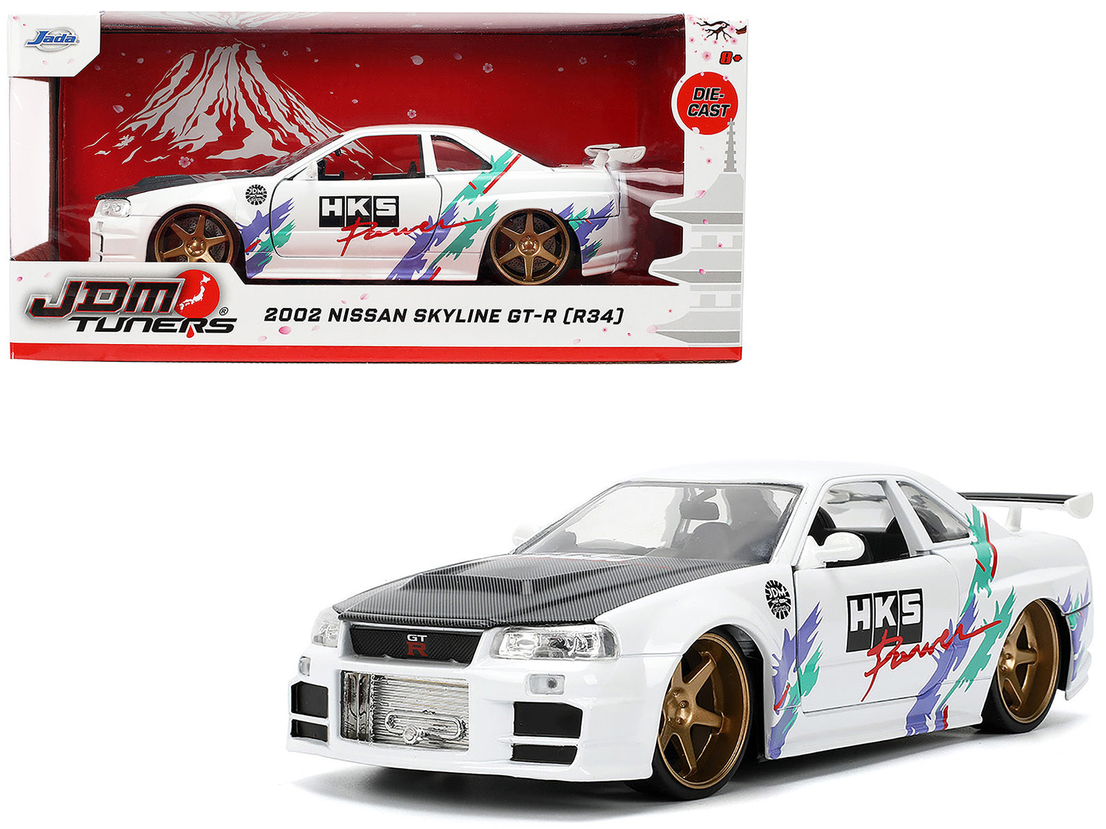 2002 Nissan Skyline GT-R (R34) RHD (Right Hand Drive) "HKS Power" White with Carbon Hood and Graphics "JDM Tuners" Series 1/24 Diecast Model Car by Jada Jada