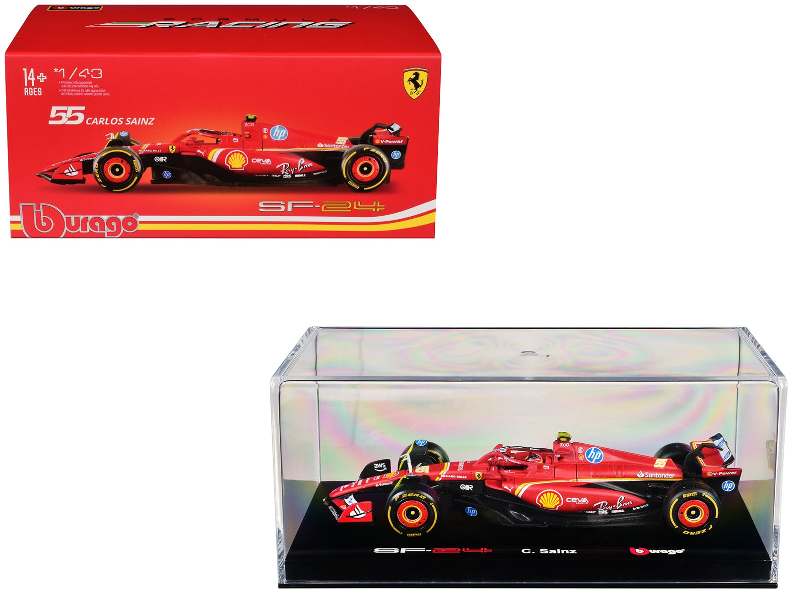 Ferrari SF-24 #55 Carlos Sainz "Formula One F1 World Championship" (2024) with Display Case "Formula Racing" Series 1/43 Diecast Model Car by Bburago Bburago