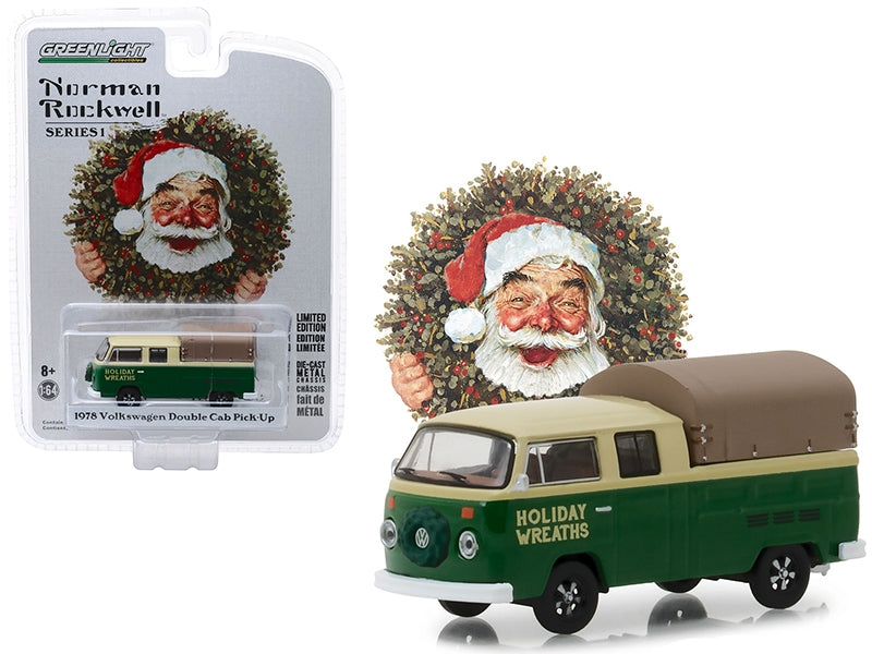 1978 Volkswagen Double Cab Pickup with Canopy "Holiday Wreaths" Green and Yellow "Norman Rockwell Delivery Vehicles" Series 1 1/64 Diecast Model by Greenlight Greenlight