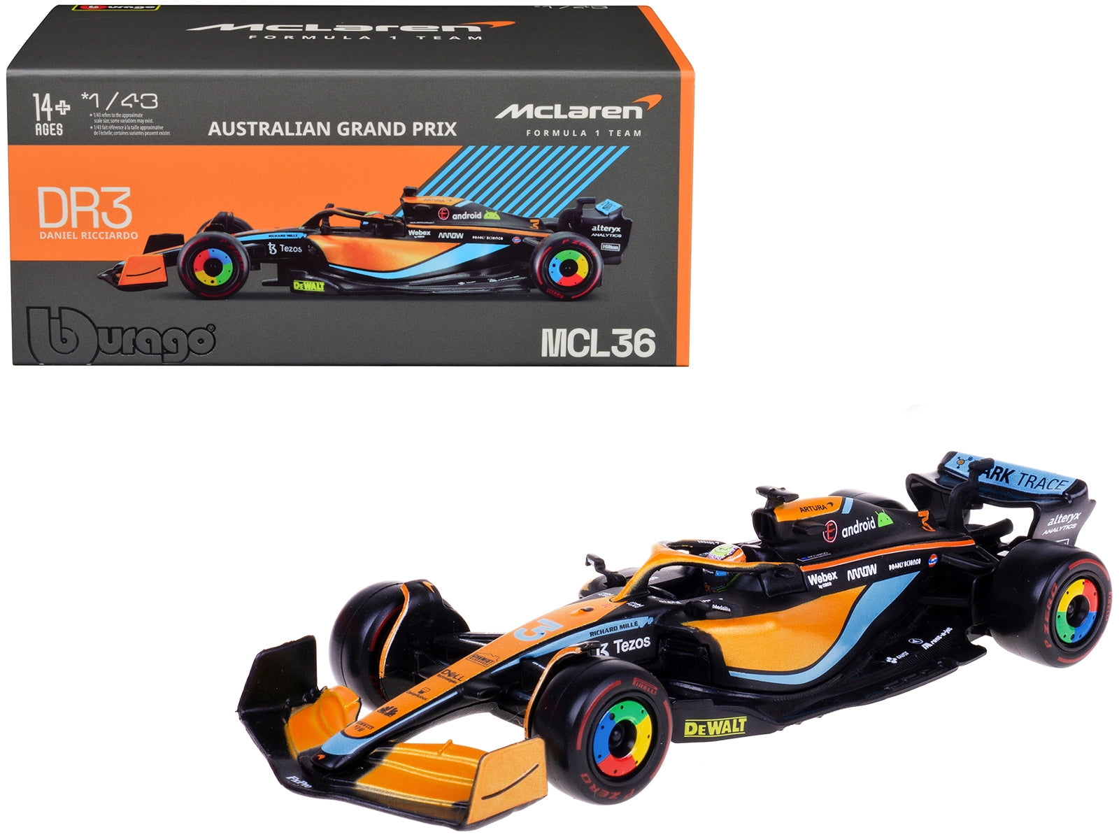 McLaren MCL36 #3 Daniel Ricciardo Formula One F1 "Australian GP" (2022) with Display Case 1/43 Diecast Model Car by Bburago Bburago