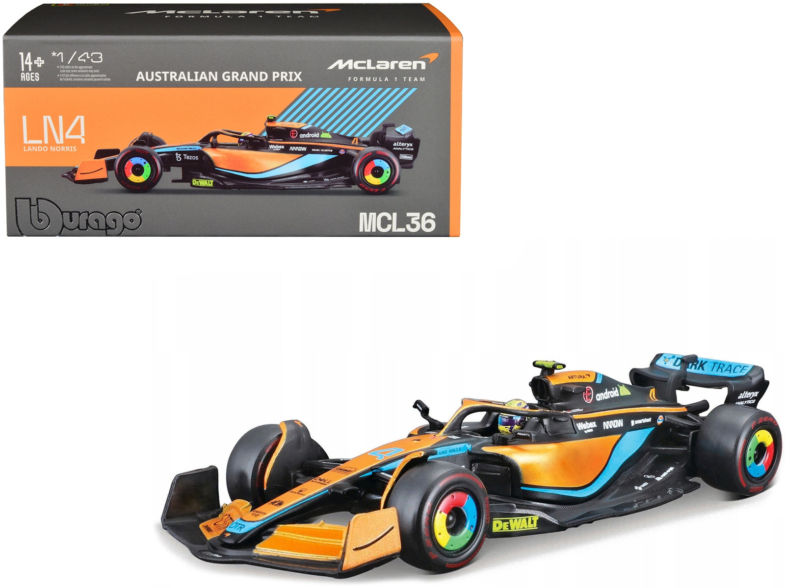 McLaren MCL36 #4 Lando Norris Formula One F1 "Australian GP" (2022) with Display Case 1/43 Diecast Model Car by Bburago Bburago