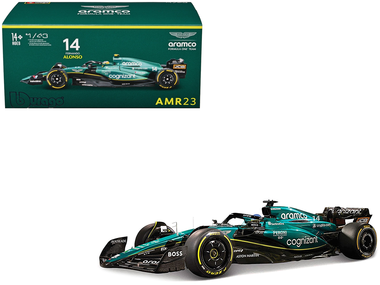 Aston Martin AMR23 #14 Fernando Alonso "Cognizant Aramco F1 Team" Formula One F1 World Championship (2023) with Display Case "Race" Series 1/43 Diecast Model Car by Bburago Bburago