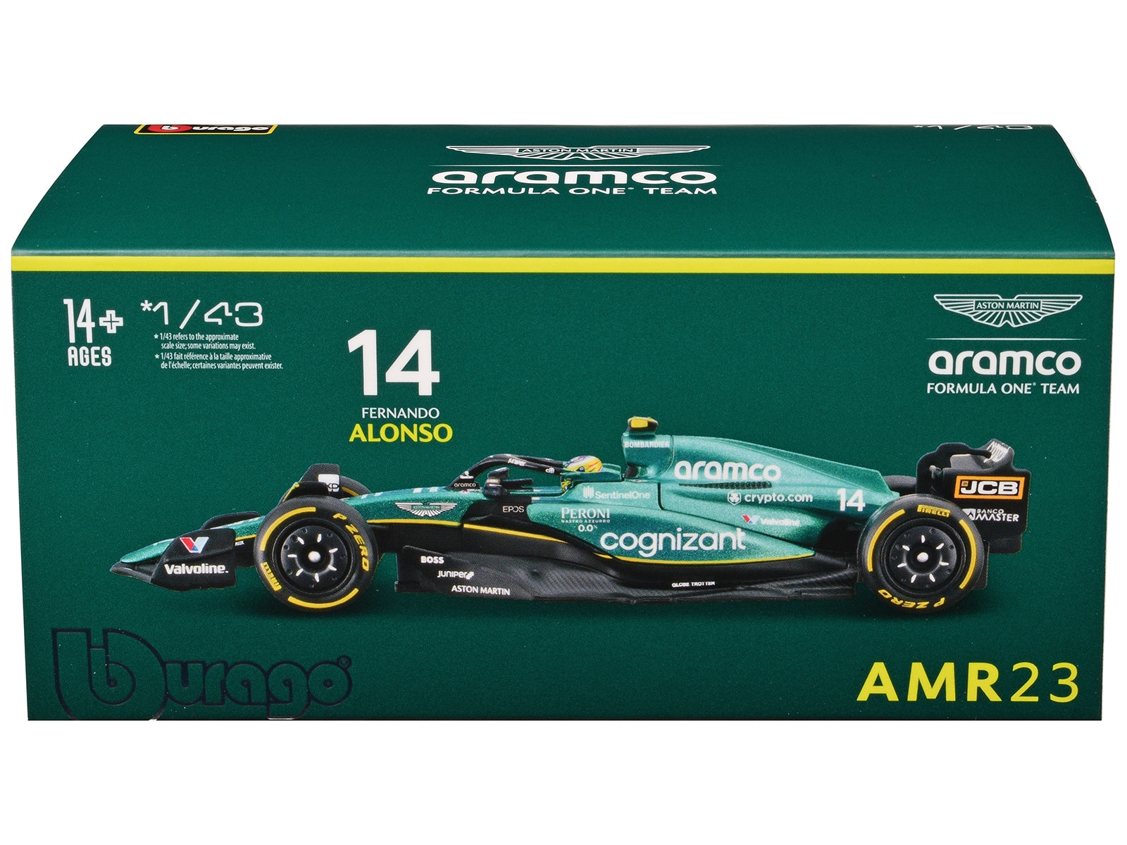 Aston Martin AMR23 #14 Fernando Alonso "Cognizant Aramco F1 Team" Formula One F1 World Championship (2023) with Display Case "Race" Series 1/43 Diecast Model Car by Bburago Bburago