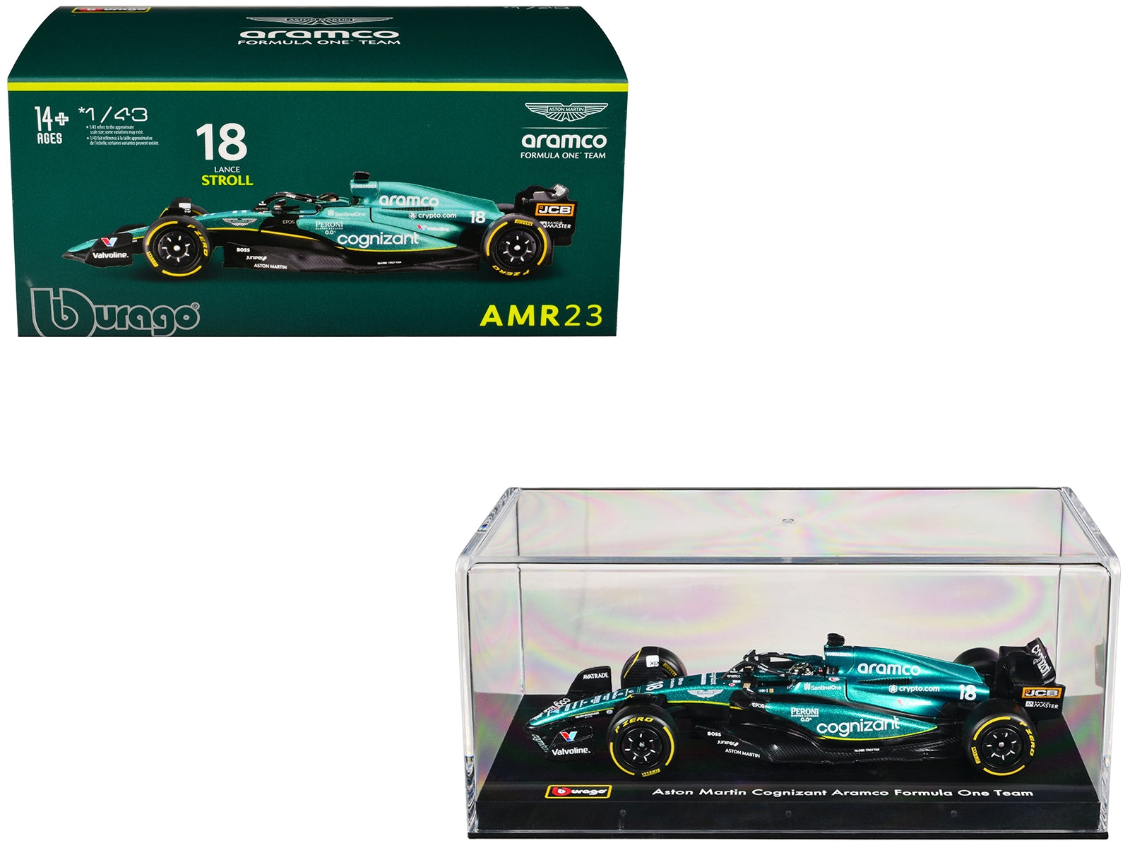 Aston Martin AMR23 #18 Lance Stroll "Cognizant Aramco F1 Team" Formula One F1 World Championship (2023) with Display Case "Race" Series 1/43 Diecast Model Car by Bburago Bburago