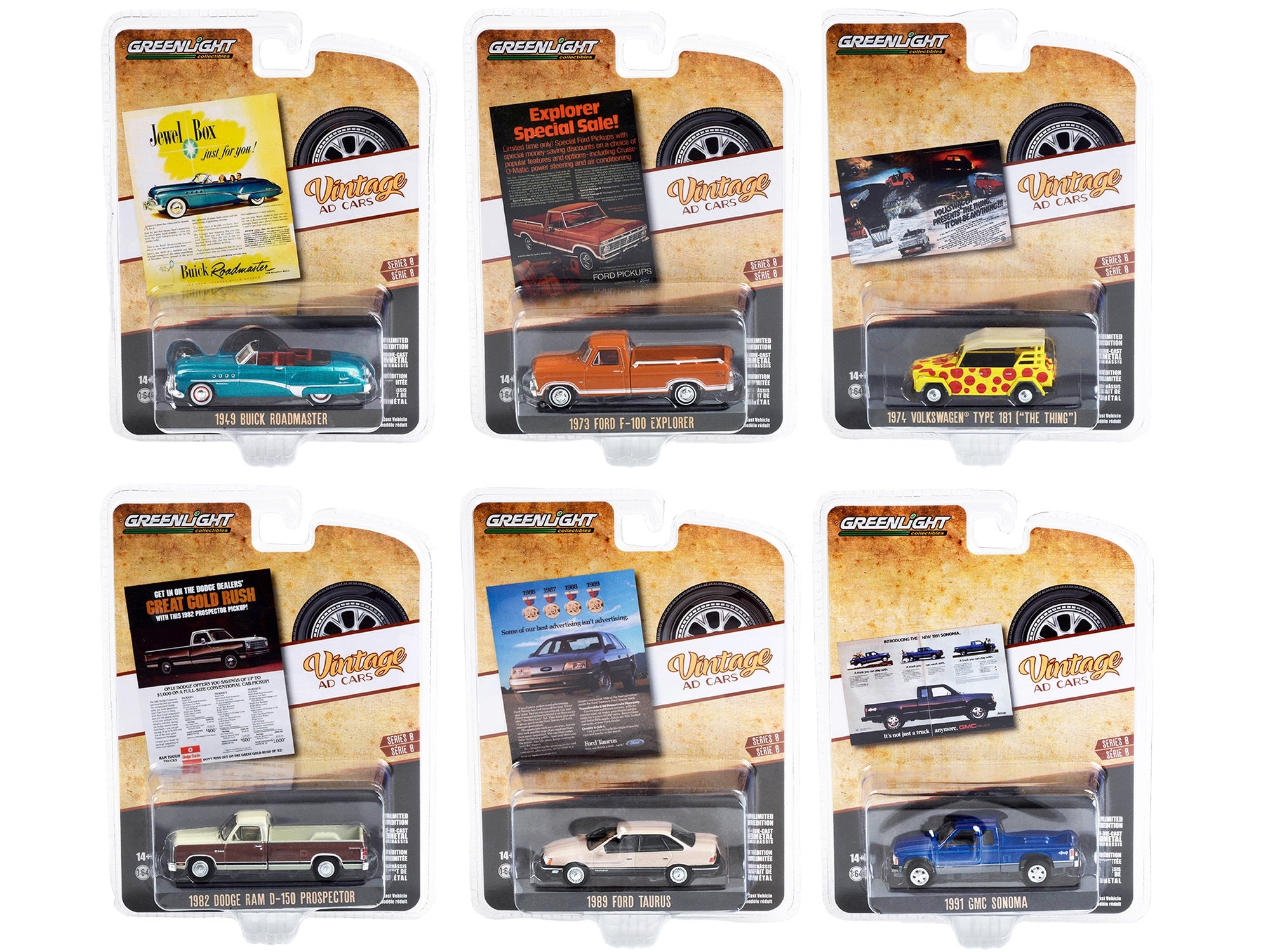 "Vintage Ad Cars" Set of 6 pieces Series 8 1/64 Diecast Model Cars by Greenlight Greenlight