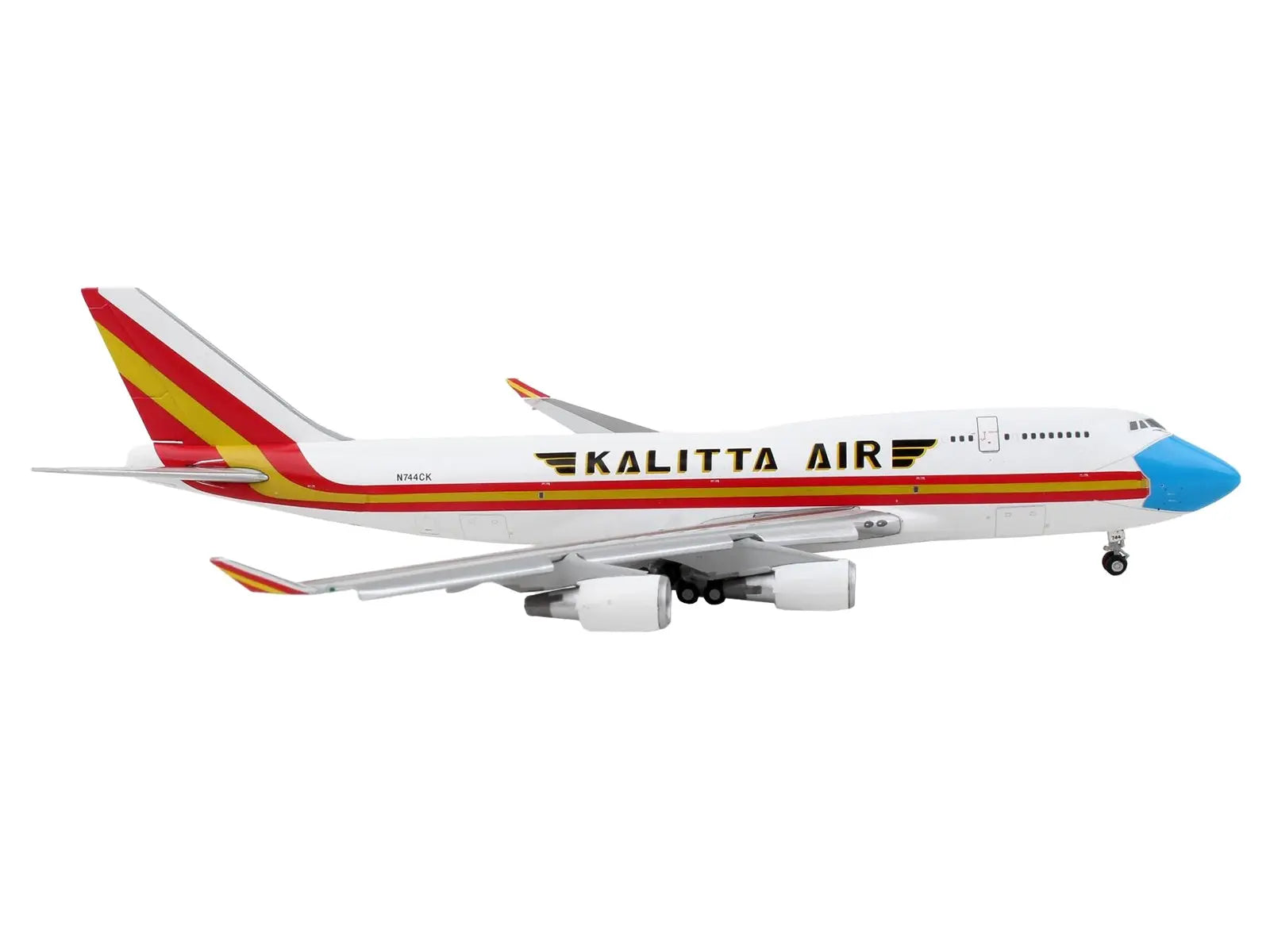 Boeing 747-400F Commercial Aircraft with Flaps Down "Kalitta Air" White with Stripes "Mask" Livery 1/400 Diecast Model Airplane by GeminiJets GeminiJets