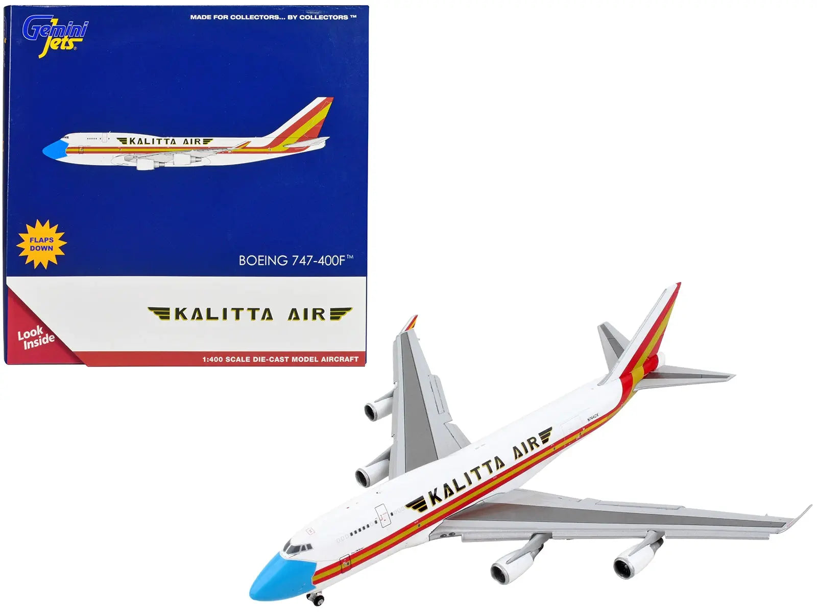 Boeing 747-400F Commercial Aircraft with Flaps Down "Kalitta Air" White with Stripes "Mask" Livery 1/400 Diecast Model Airplane by GeminiJets GeminiJets