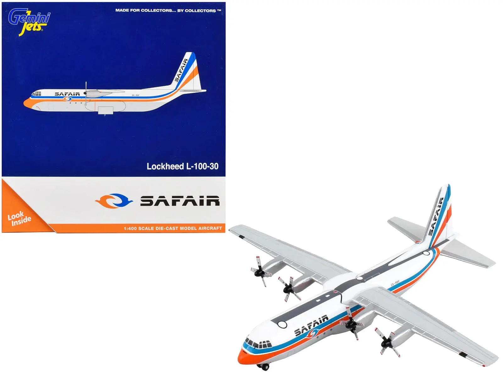 Lockheed L-100-30 Commercial Aircraft "Safair" White with Blue and Orange Stripes 1/400 Diecast Model Airplane by GeminiJets GeminiJets