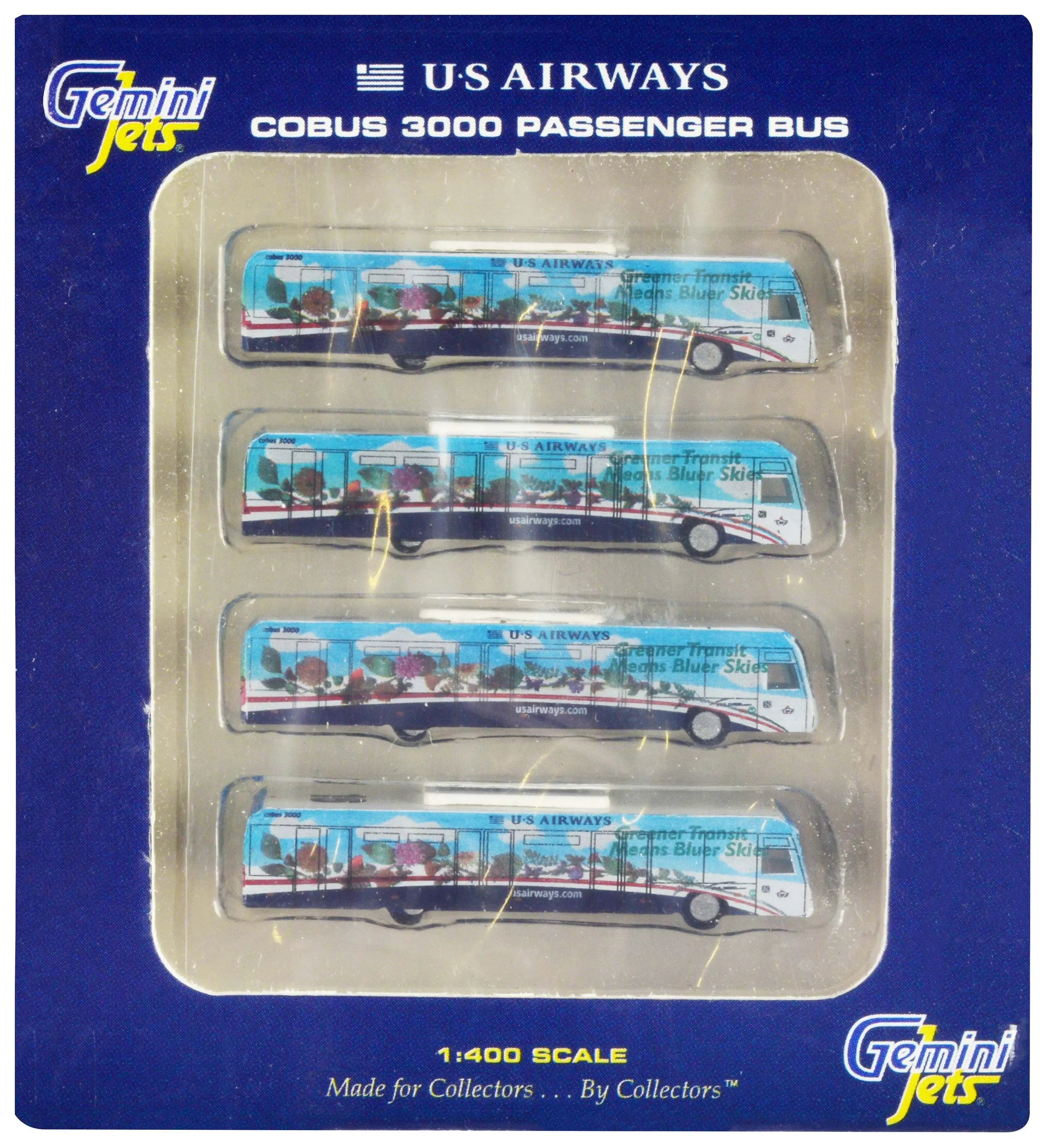 Cobus 3000 Passenger Bus White and Blue with Graphics "US Airways Shuttle Bus - Greener Transit" 4 Piece Set 1/400 Diecast Models by GeminiJets GeminiJets