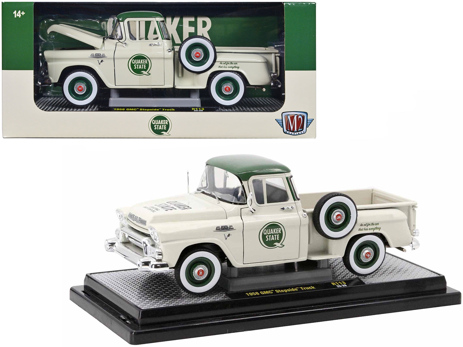 1958 GMC Stepside Pickup Truck Light Beige with Green Top "Quaker State" Limited Edition to 6650 pieces Worldwide 1/24 Diecast Model Car by M2 Machines M2