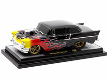 Load image into Gallery viewer, 1957 Chevrolet 150 Sedan Black with Flames Graphics Limited Edition to 4250 pieces Worldwide 1/24 Diecast Model Car by M2 Machines M2
