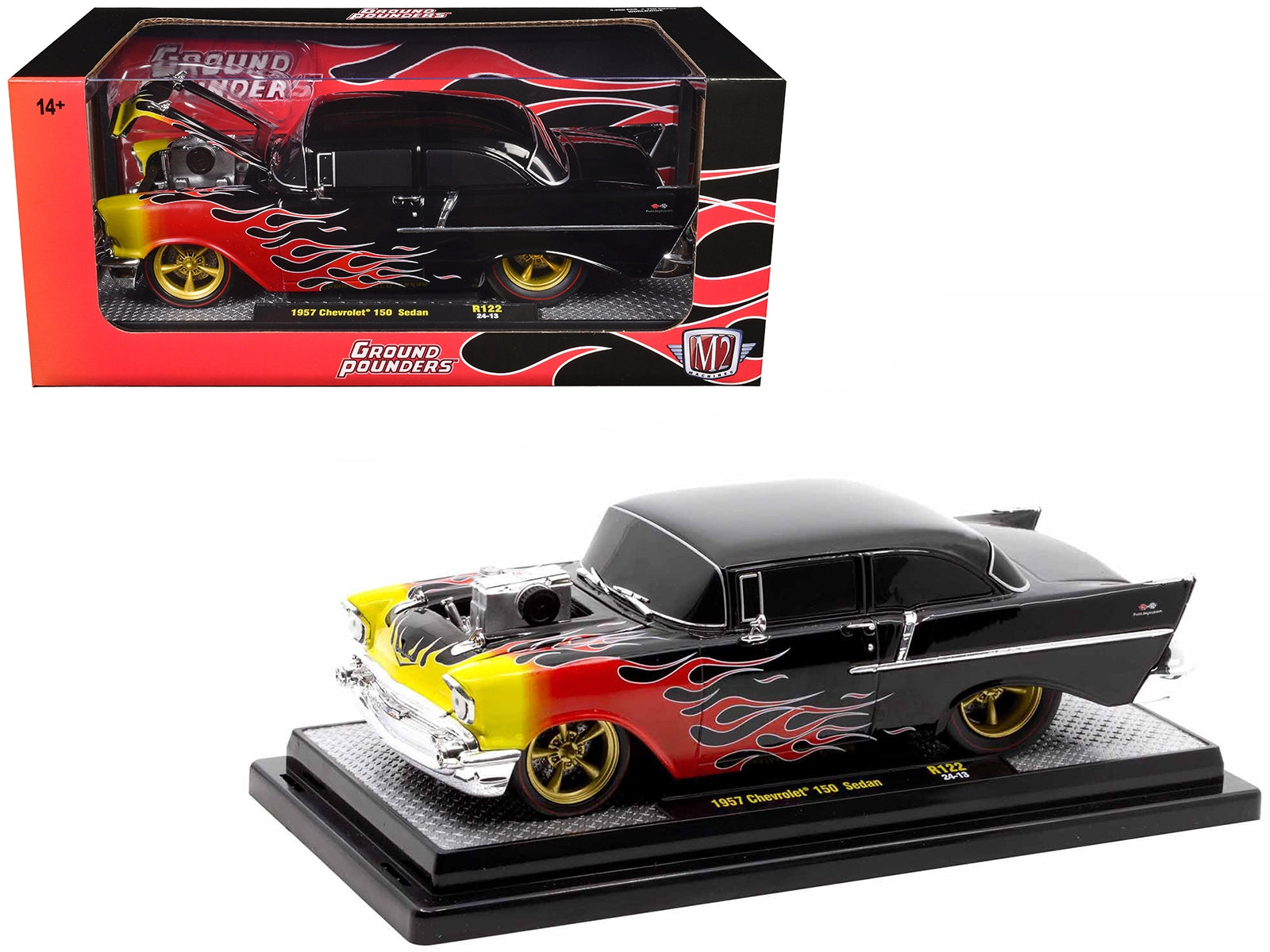 1957 Chevrolet 150 Sedan Black with Flames Graphics Limited Edition to 4250 pieces Worldwide 1/24 Diecast Model Car by M2 Machines M2