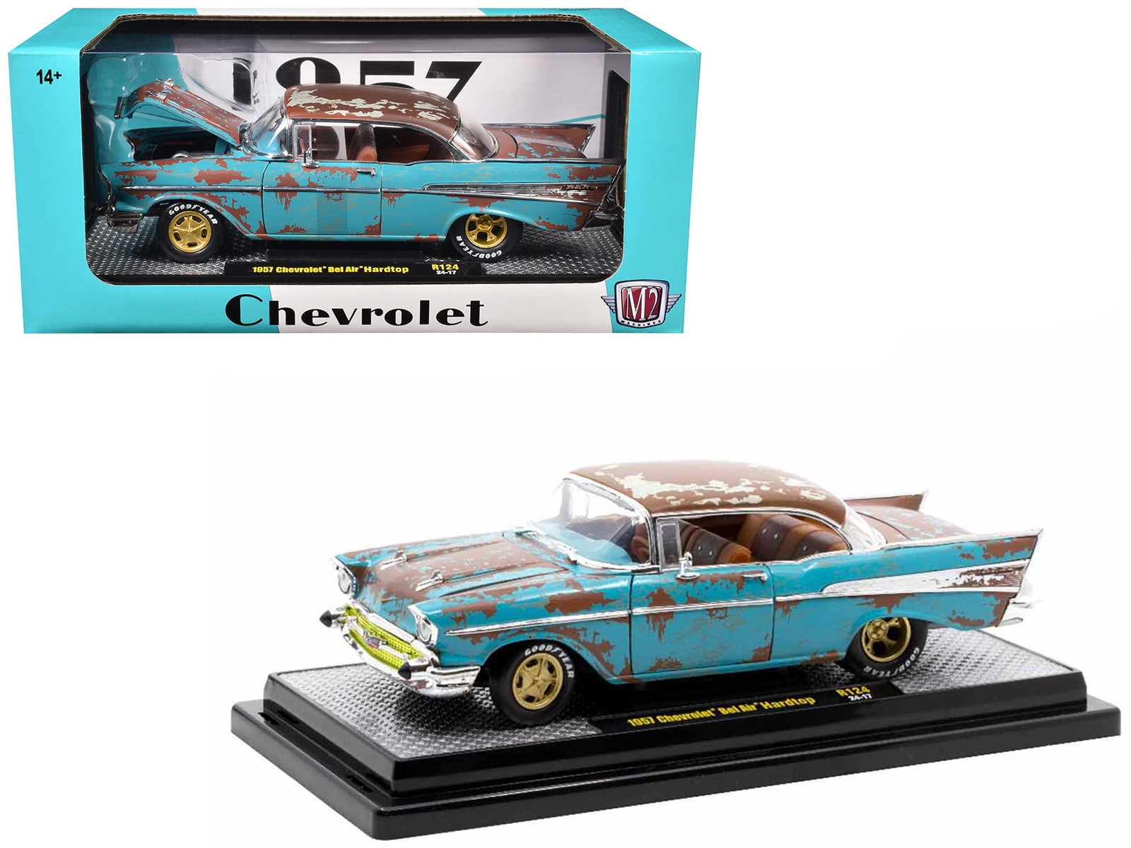 1957 Chevrolet Bel Air Hardtop Blue (Rusted) with Brown Top Limited Edition to 6650 pieces Worldwide 1/24 Diecast Model Car by M2 Machines M2