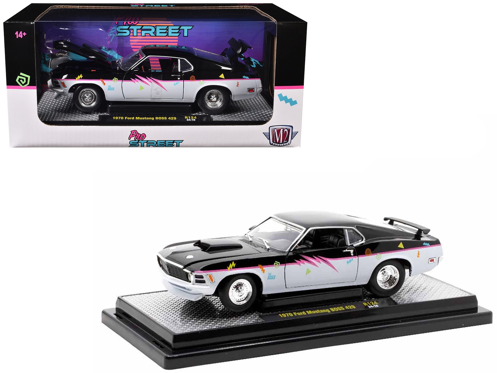 1970 Ford Mustang BOSS 429 "Pro Street" Black and Gray with Graphics Limited Edition to 6650 pieces Worldwide 1/24 Diecast Model Car by M2 Machines M2